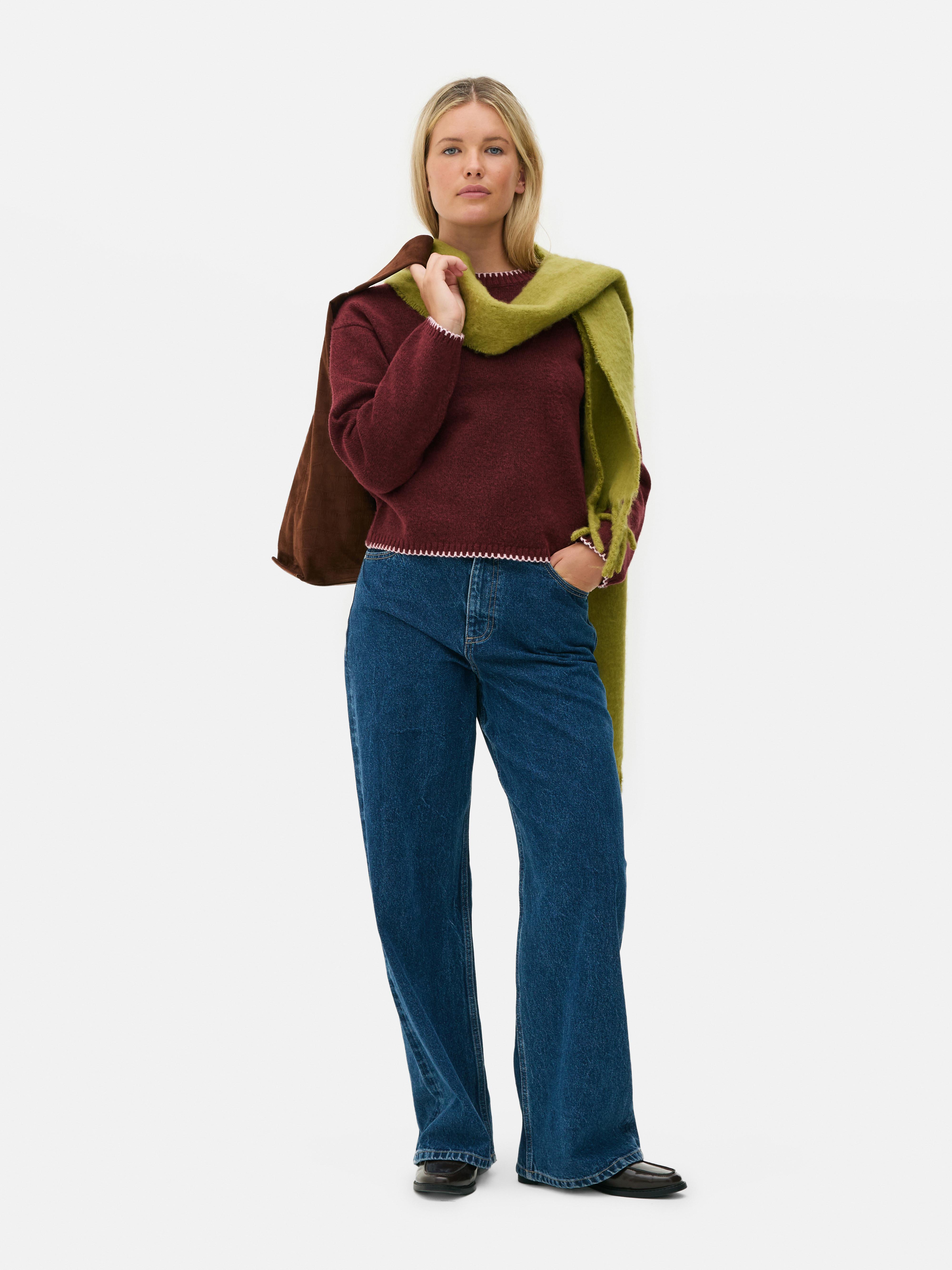 Women's Burgundy Contrast Stitch Knitted Sweater | Primark