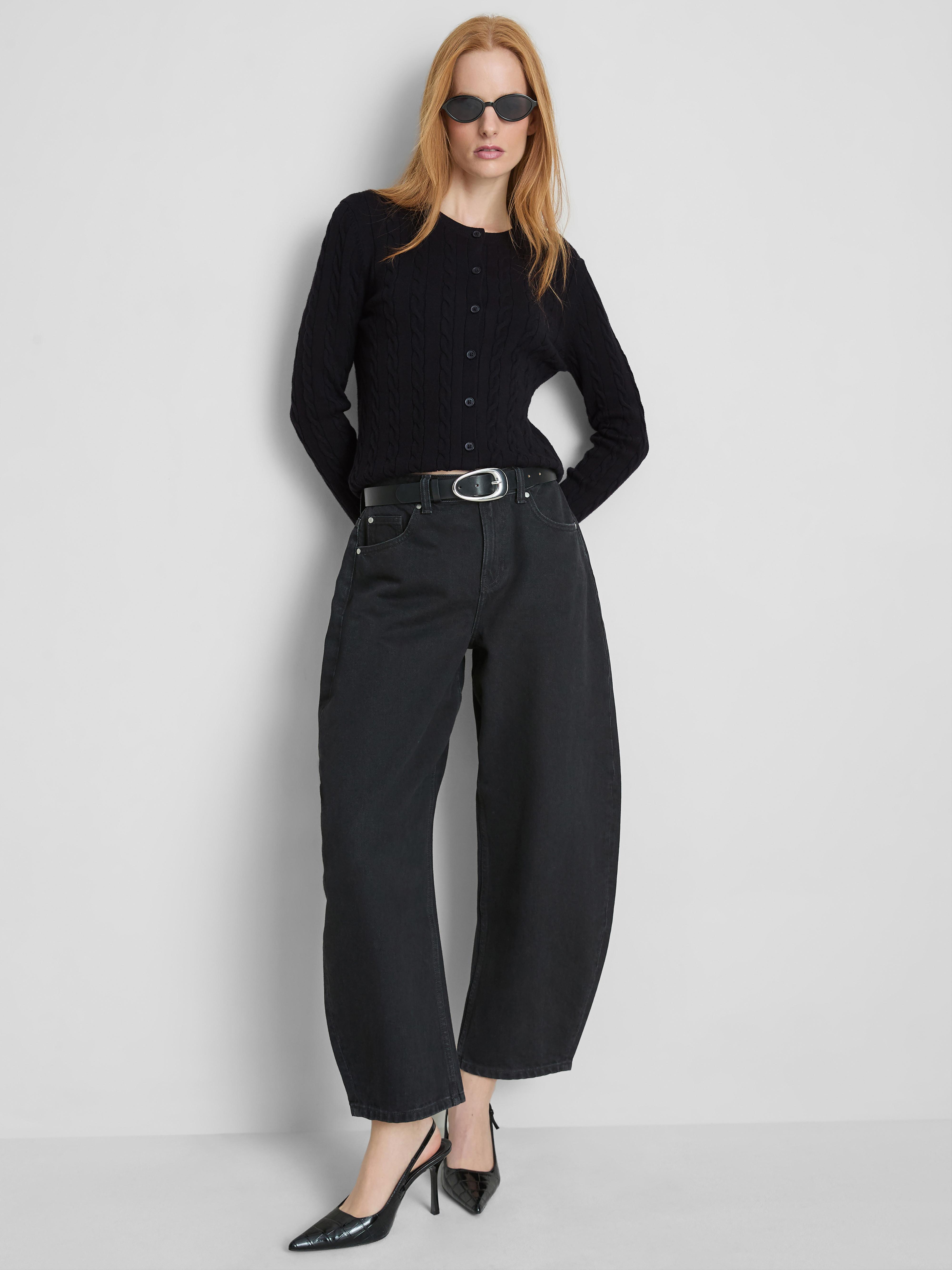 Round Neck Cable Knit Cardigan Black