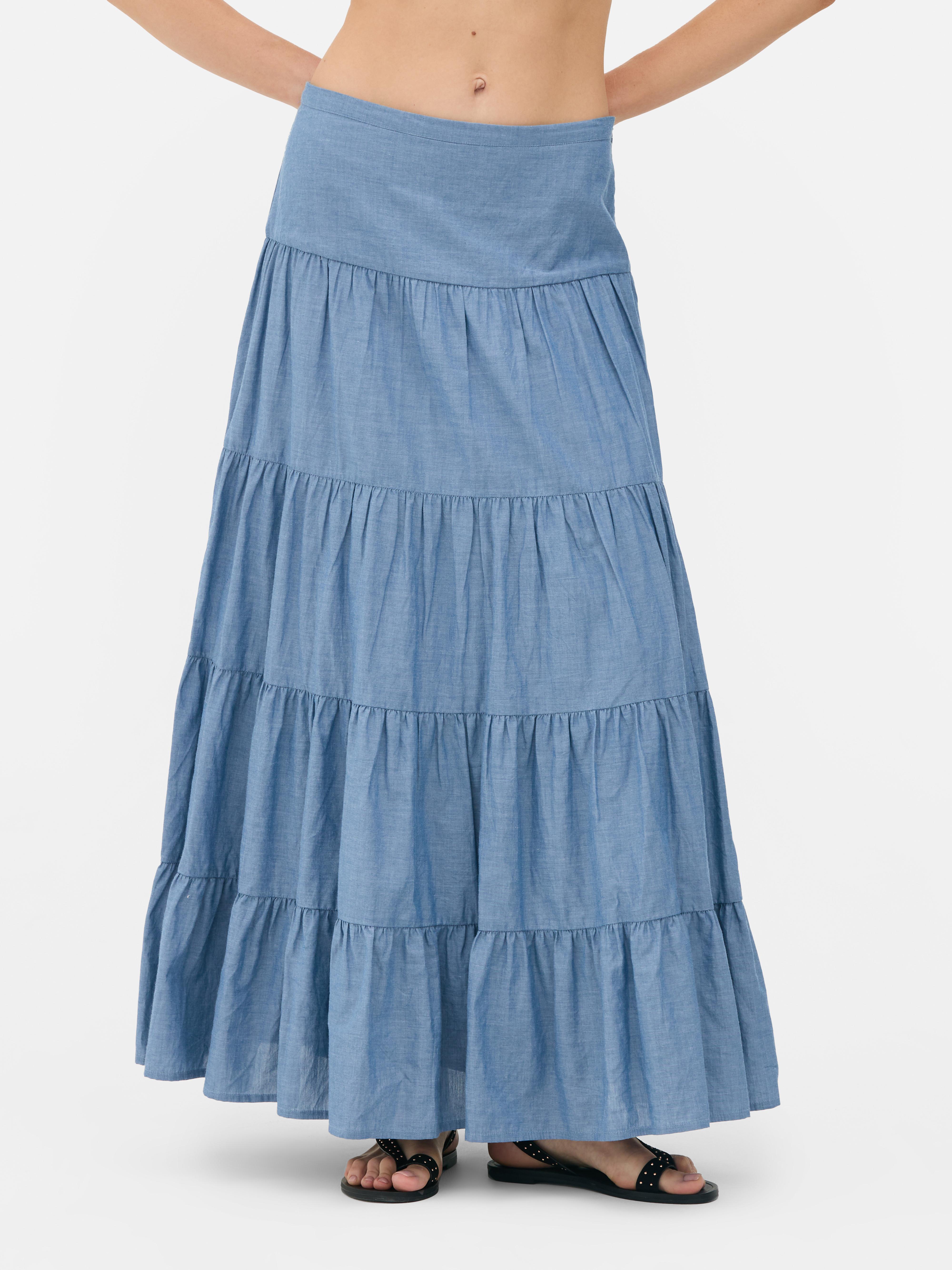 Gestufter „Rita Ora“ Chambray-Maxirock