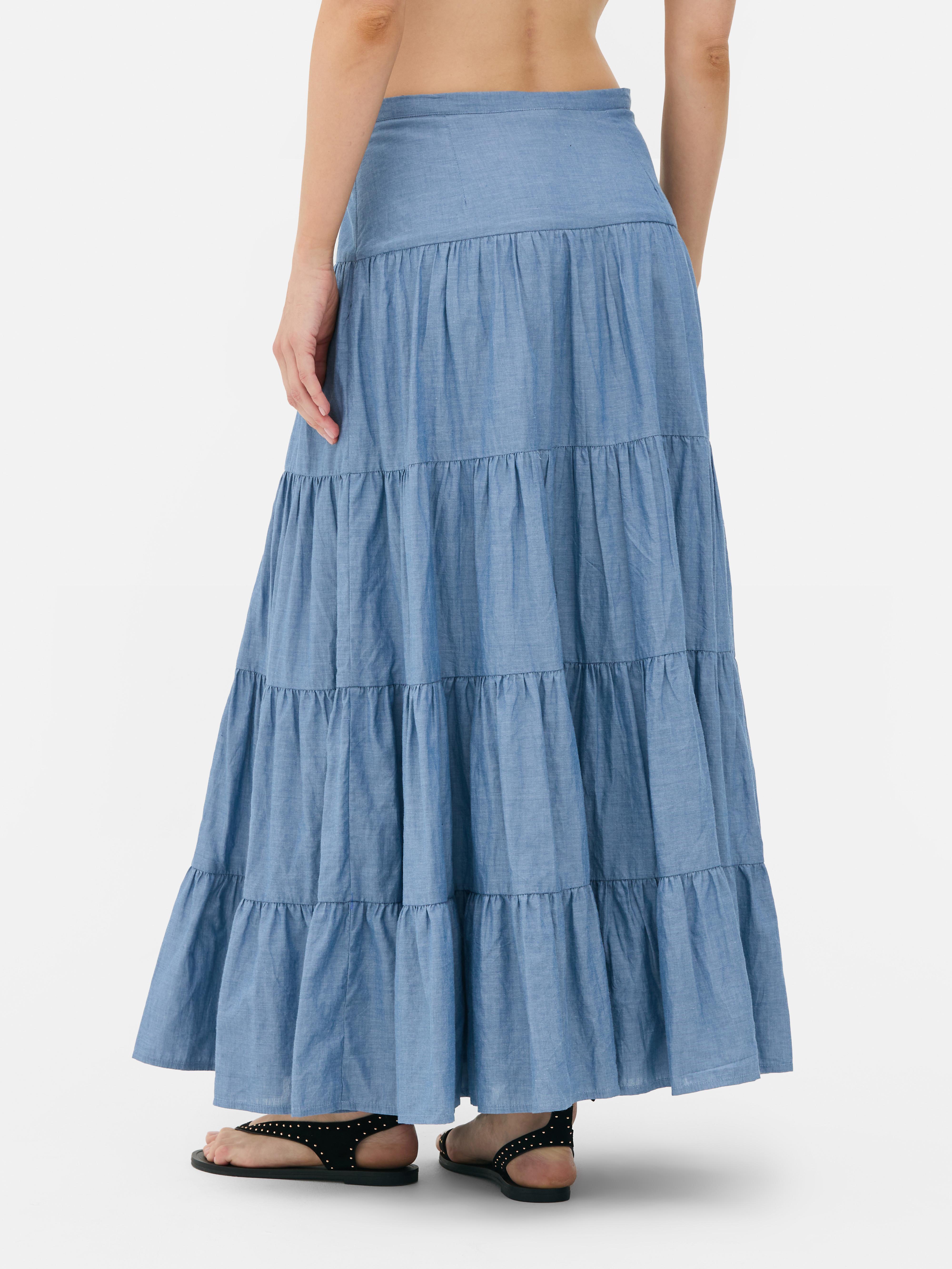 Gestufter „Rita Ora“ Chambray-Maxirock