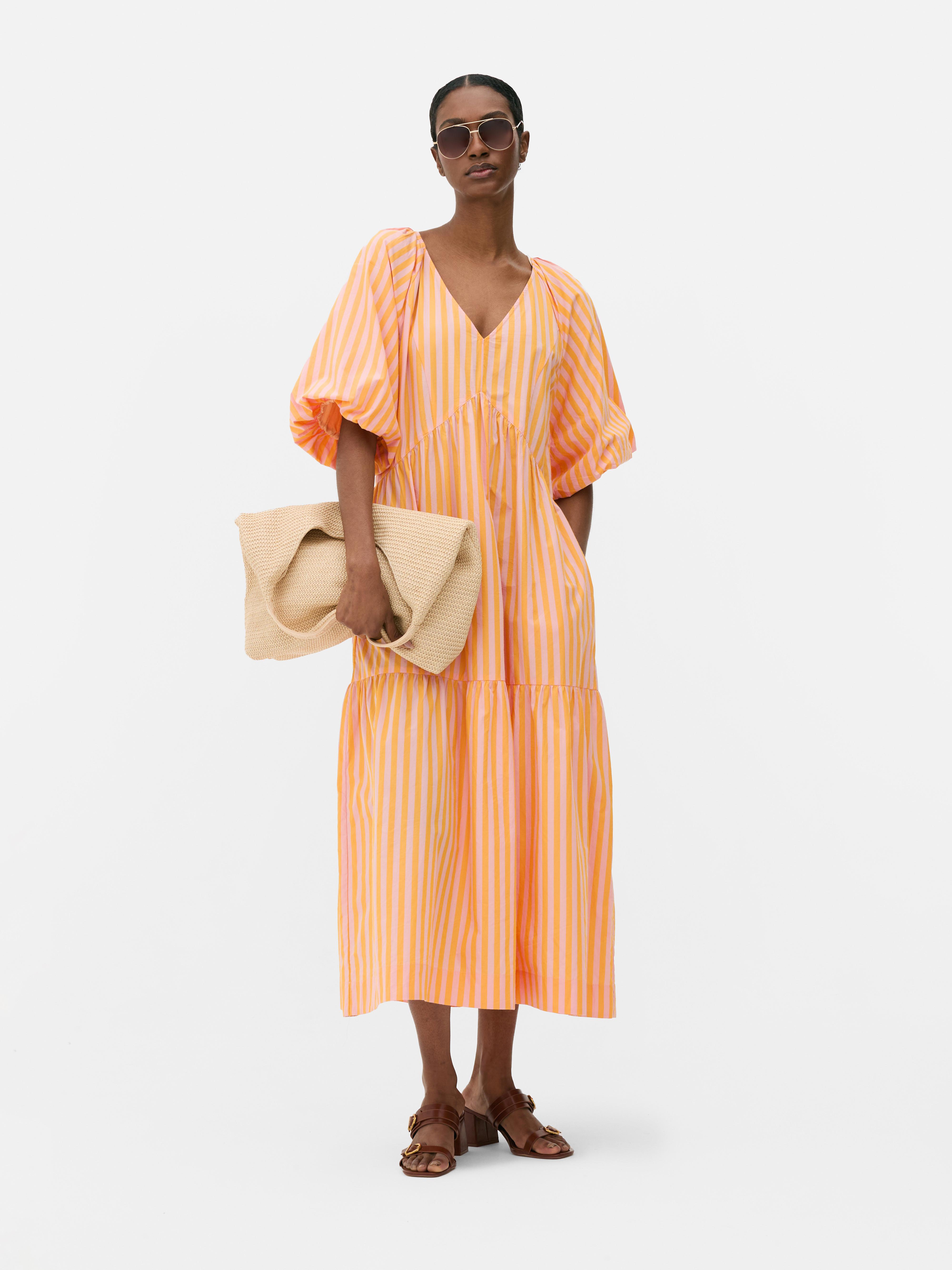 Striped Puff Sleeve Midi Dress