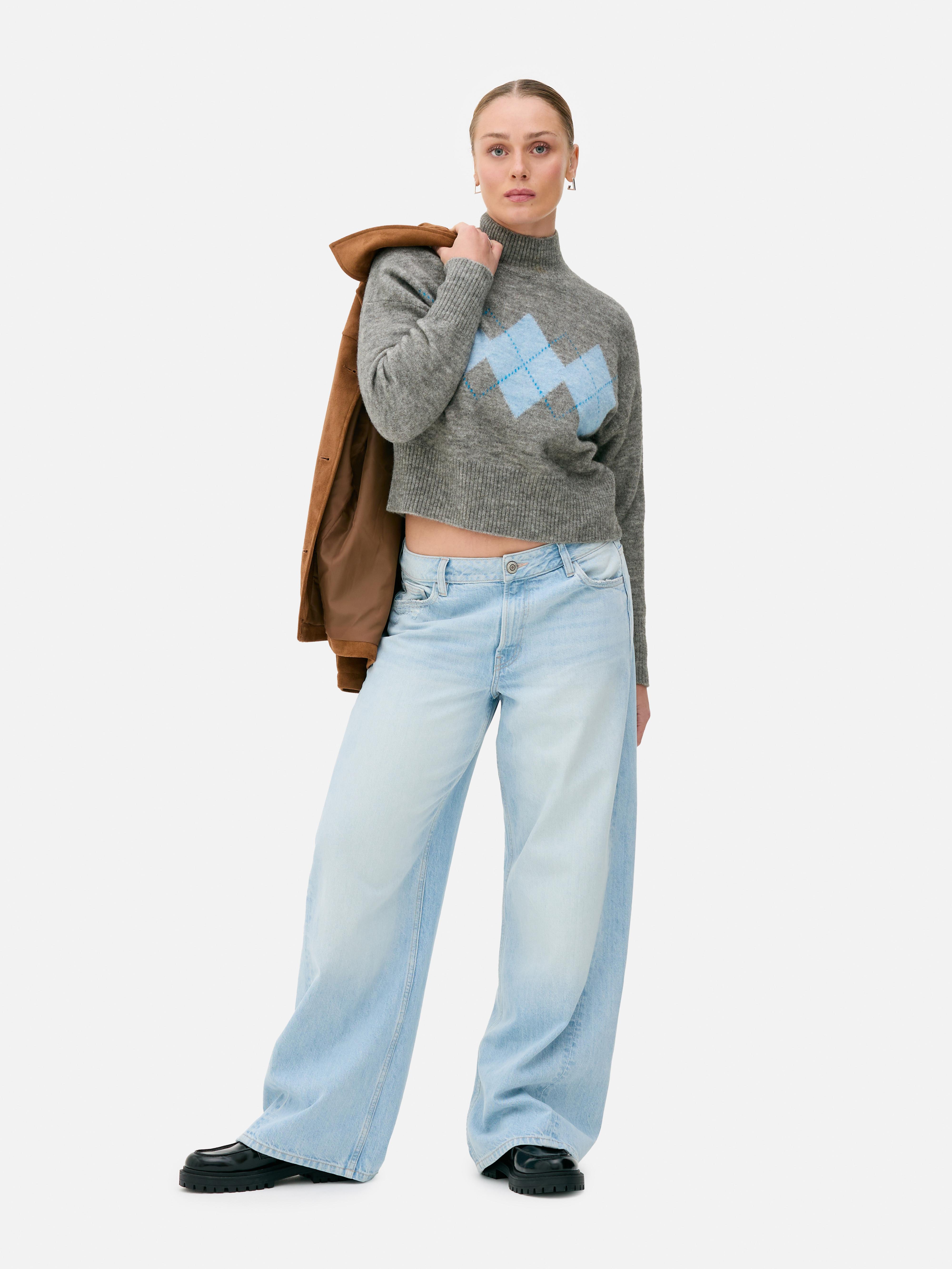 Cropped High Neck Argyle Jumper