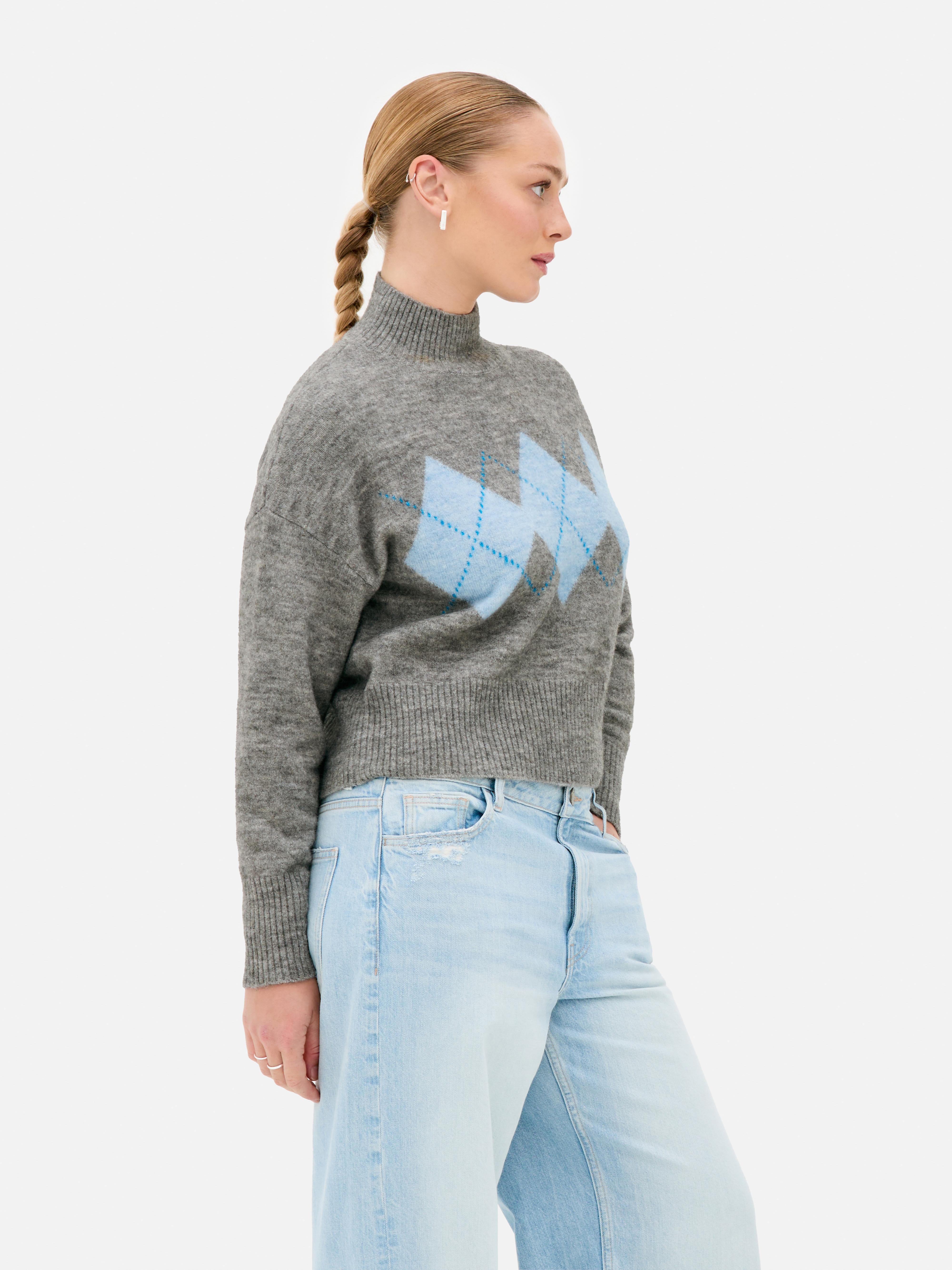 Cropped High Neck Argyle Jumper