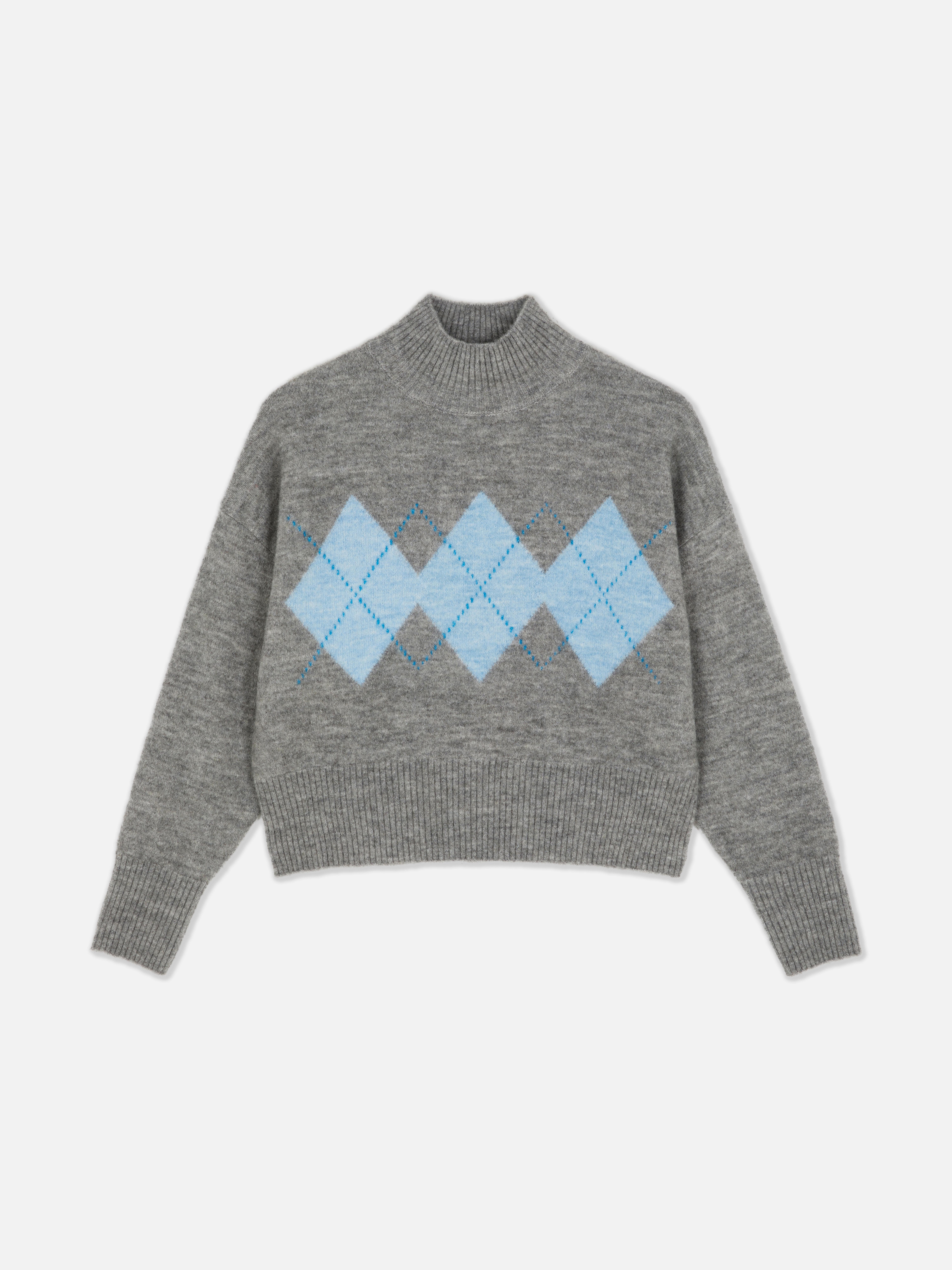 Cropped High Neck Argyle Jumper