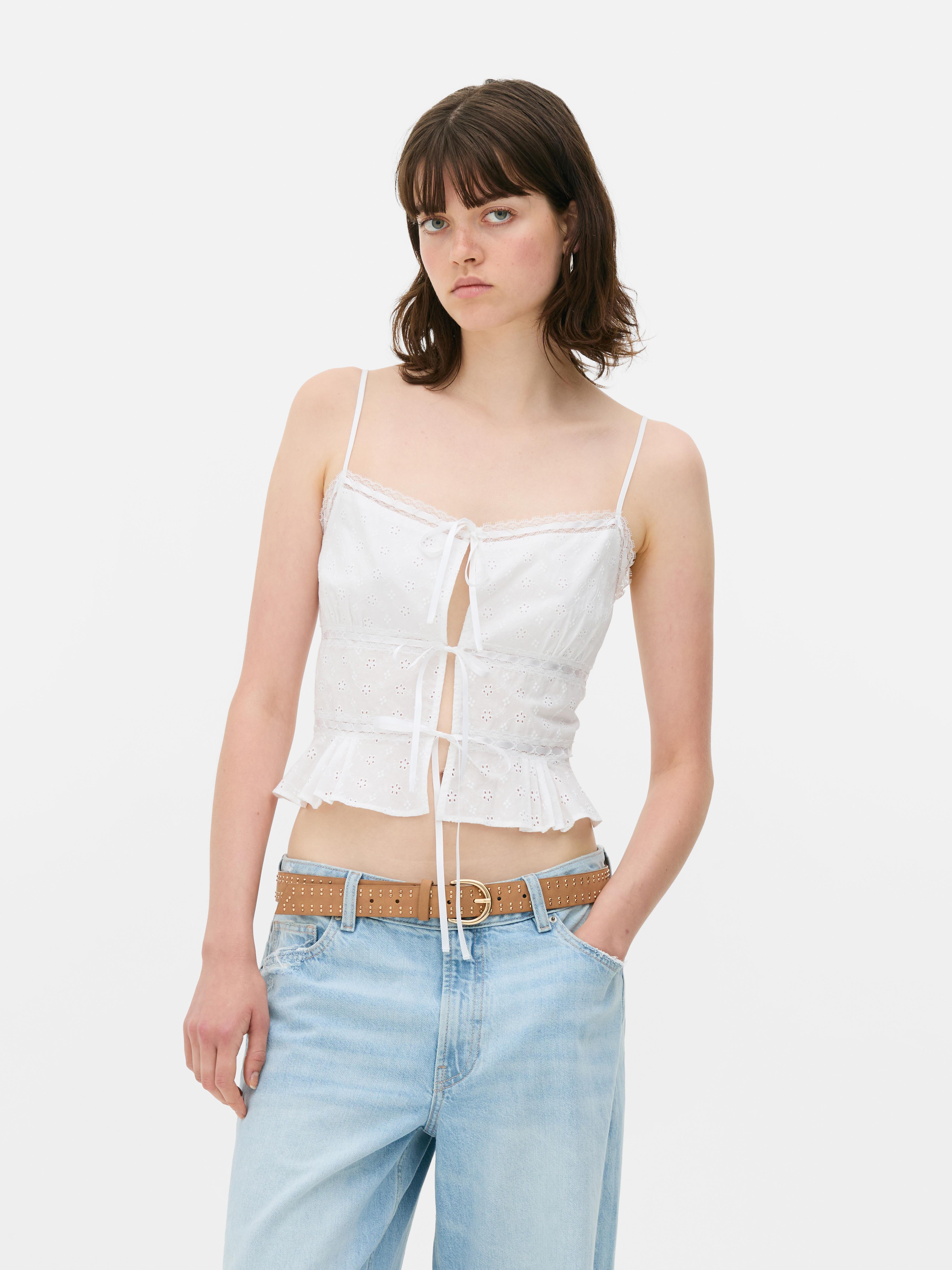 eyelet ribbon cami (white × blue ribbon) Women's White Ribbon Tie Cami Top | Penneys