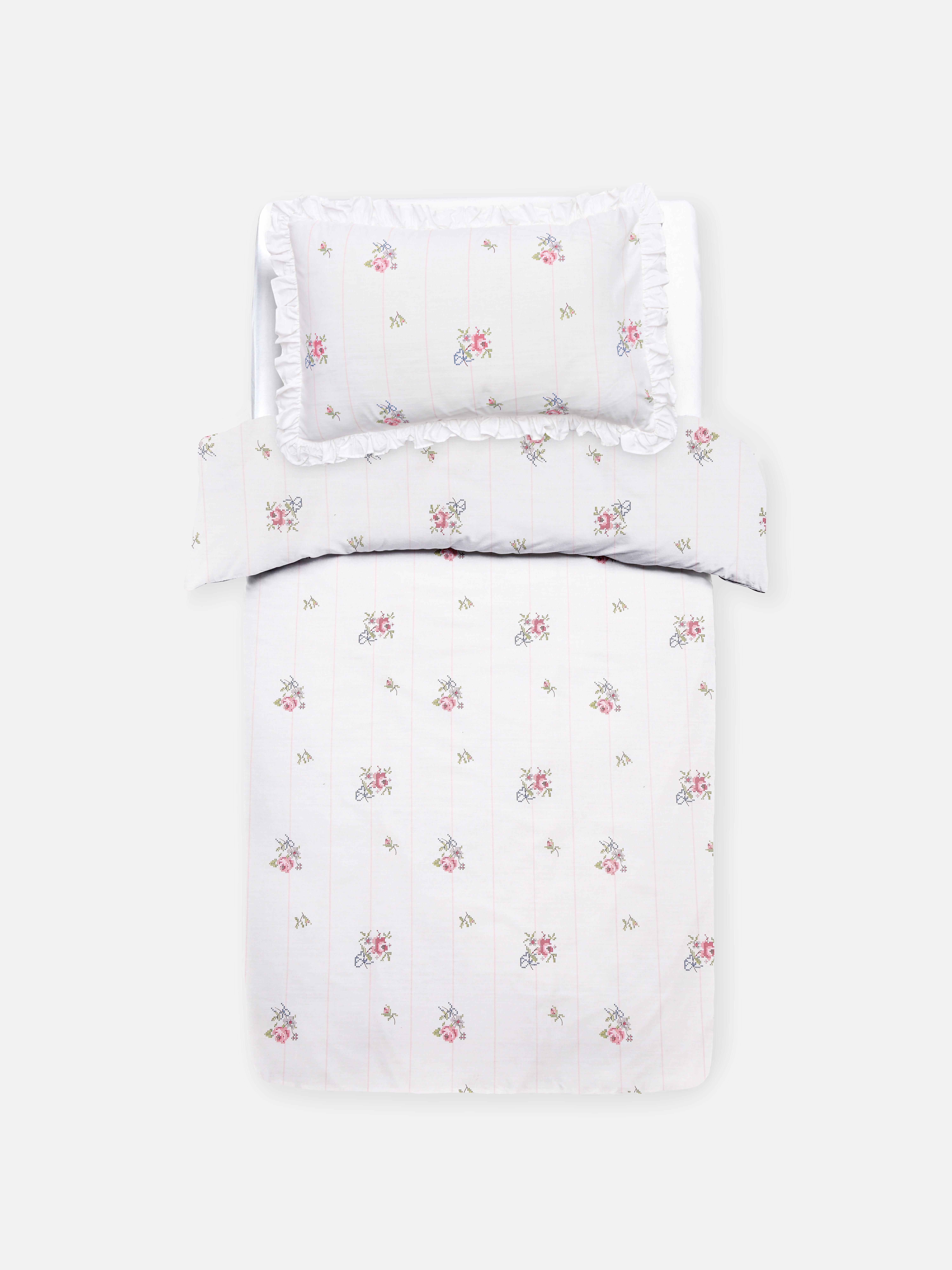 Conjunto capa edredão solteiro padrão floral ponto cruz