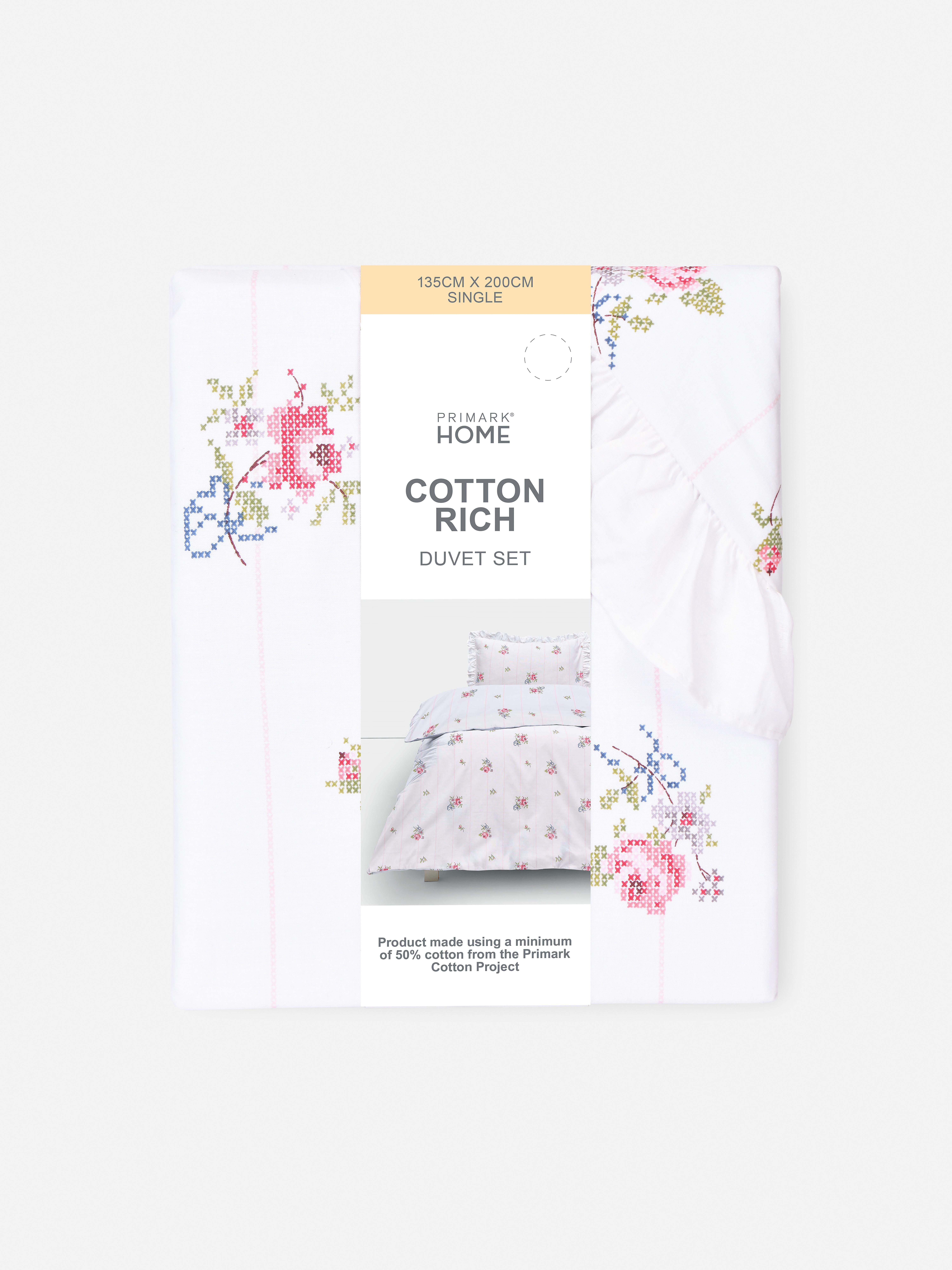 Conjunto capa edredão solteiro padrão floral ponto cruz
