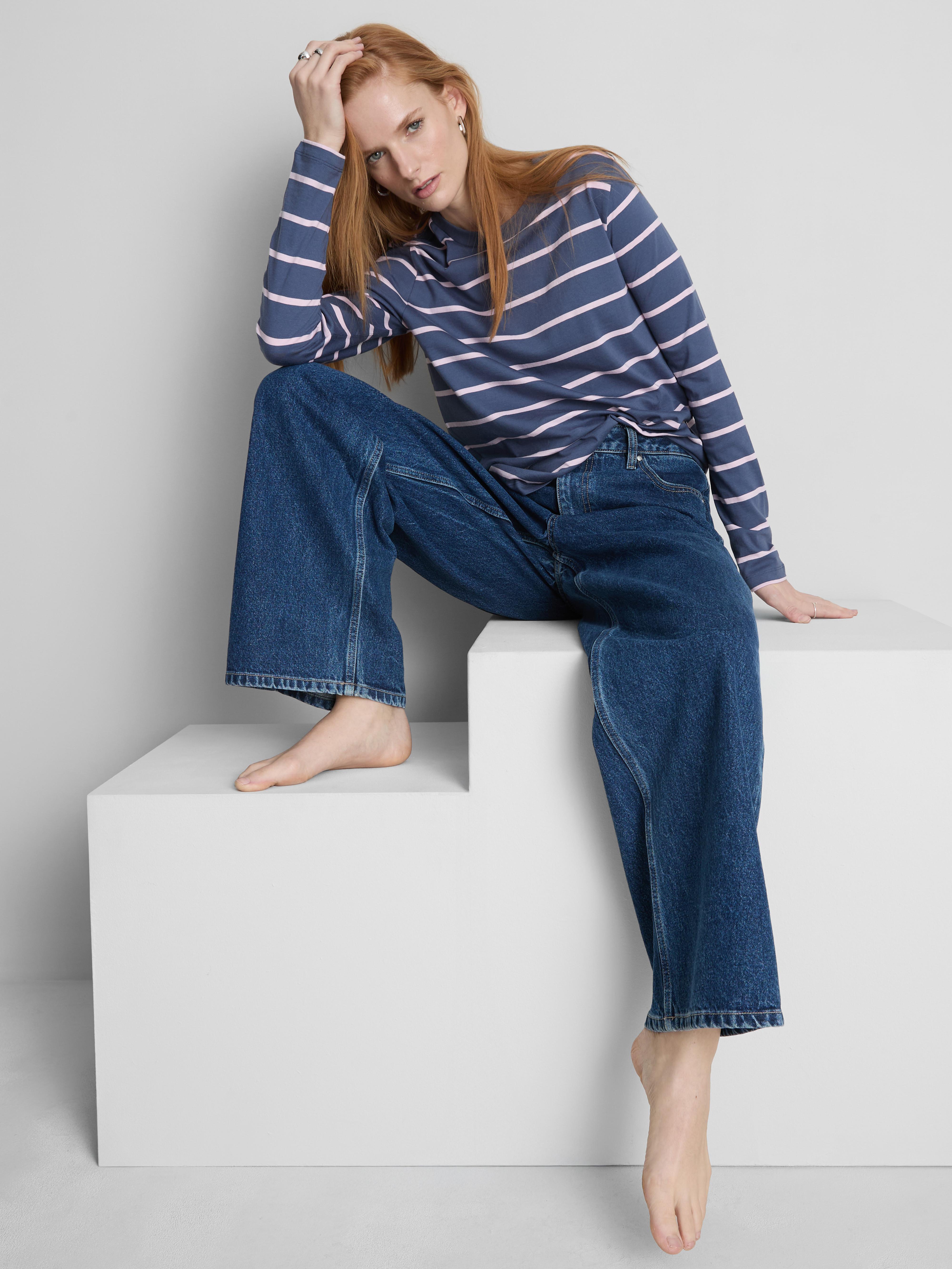 Women's Pink Striped Cotton Long Sleeve Top