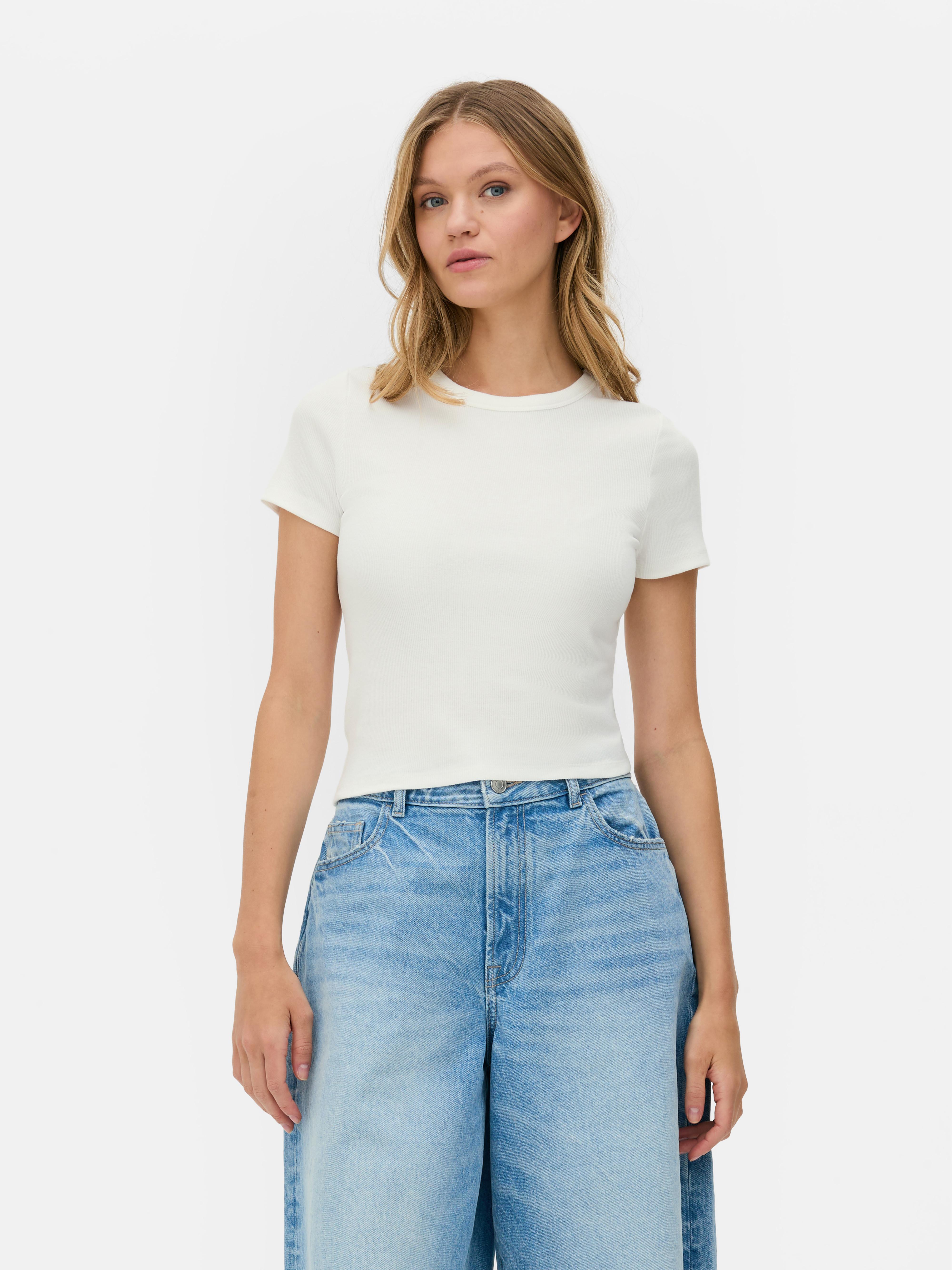 Women's White Short Sleeve Ribbed Tee | Primark