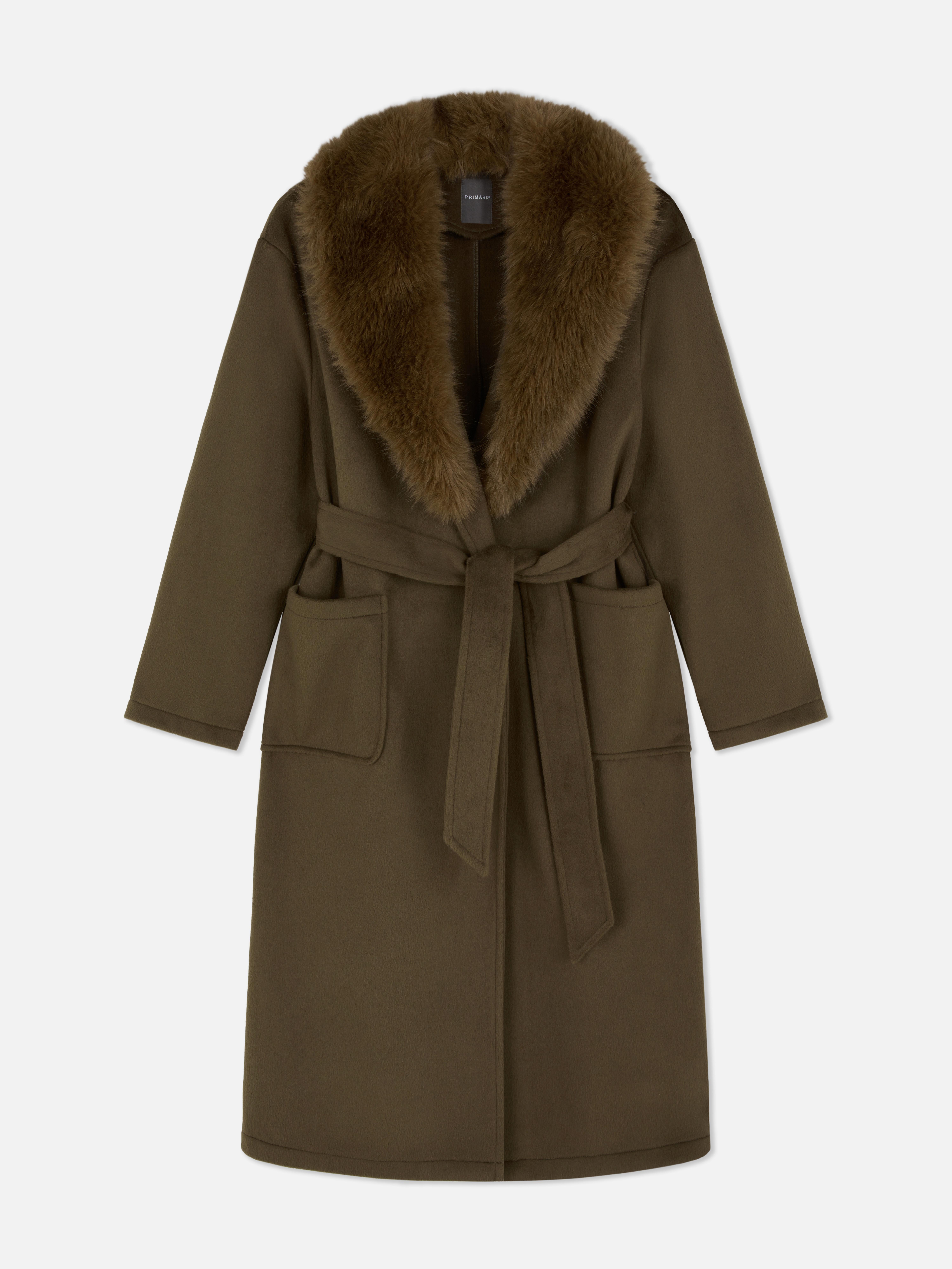 Belted Plush Collar Longline Coat