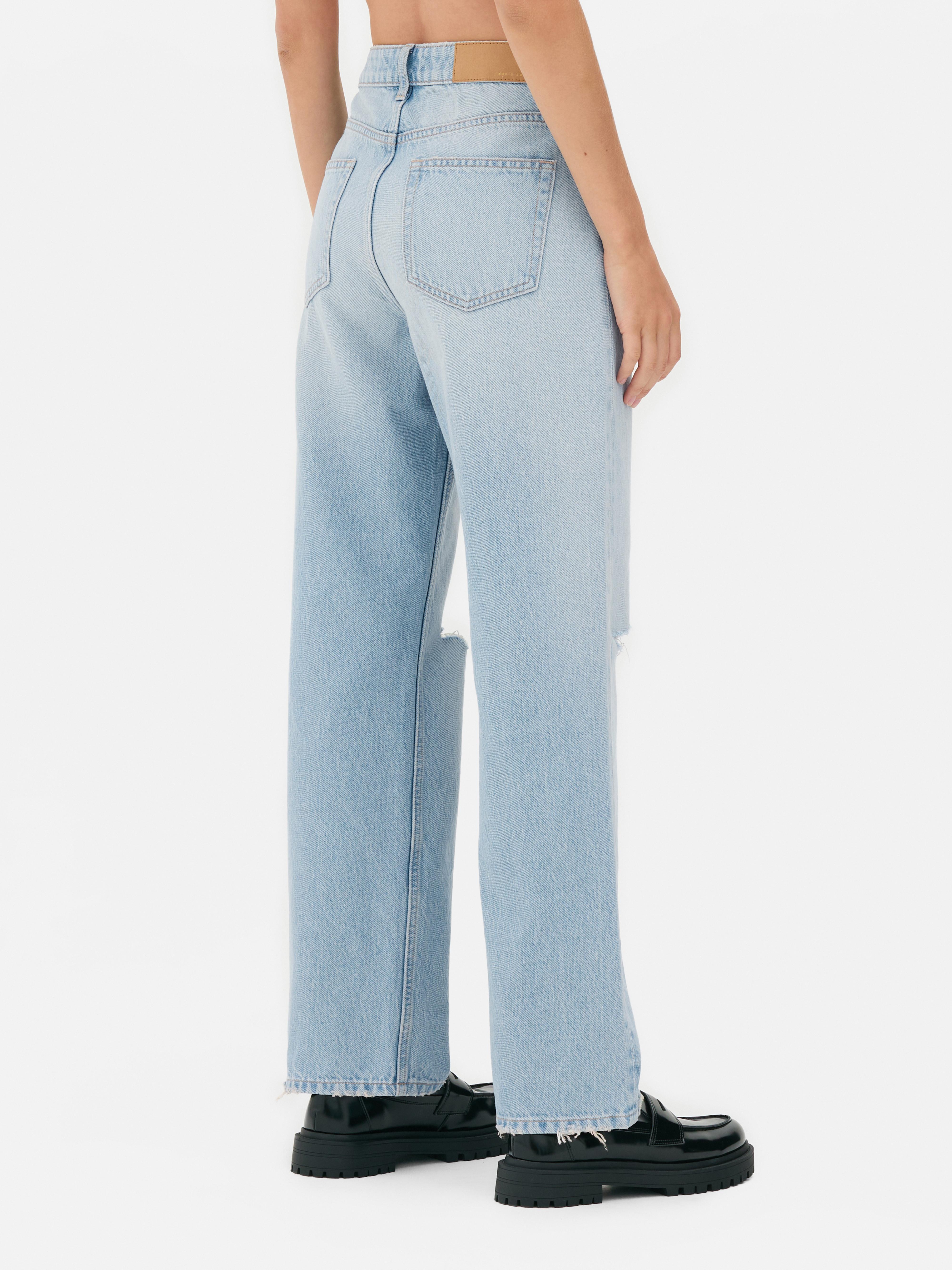 Mid Rise Ripped Straight Leg Jeans