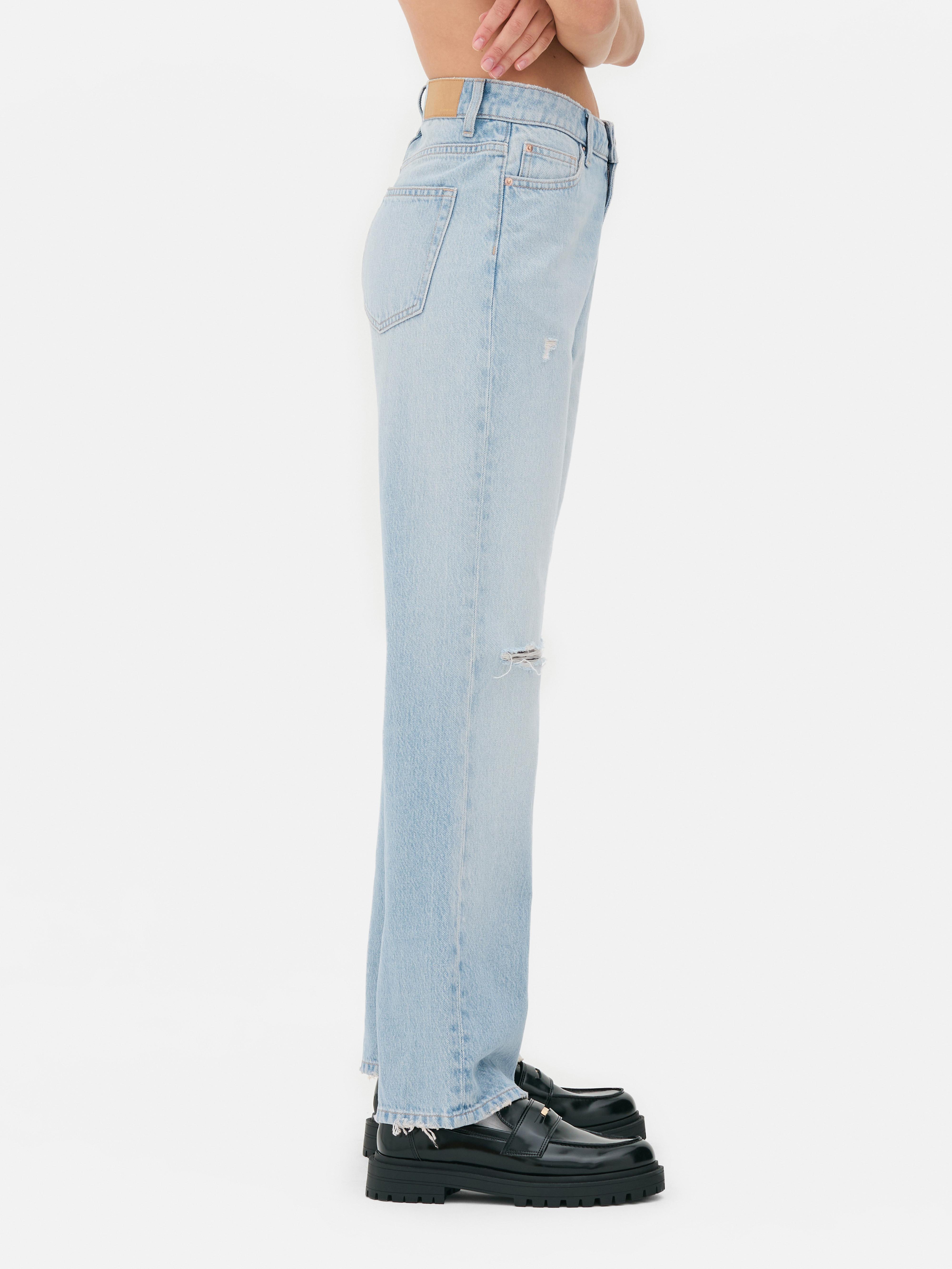 Mid Rise Ripped Straight Leg Jeans