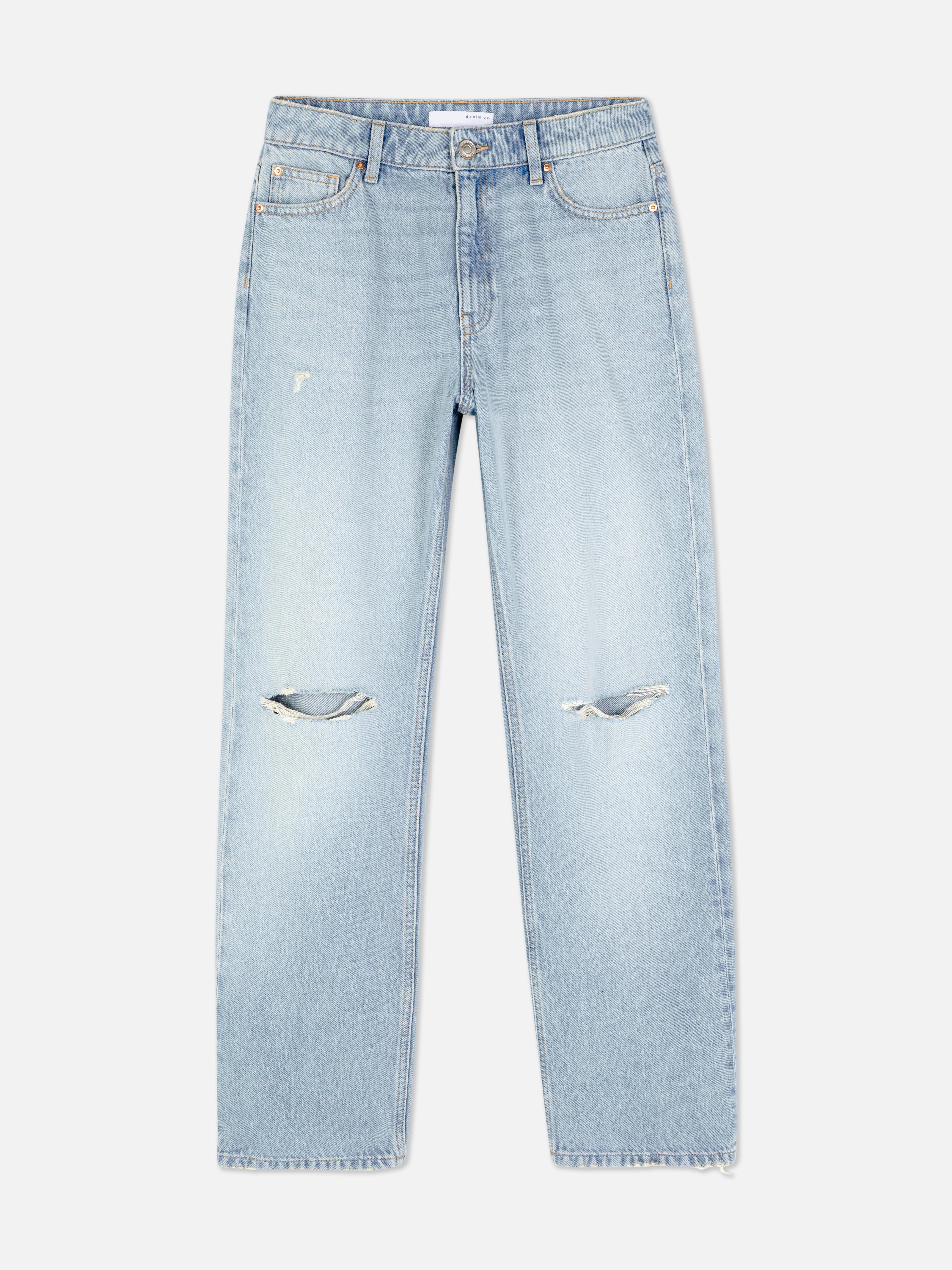 Mid Rise Ripped Straight Leg Jeans