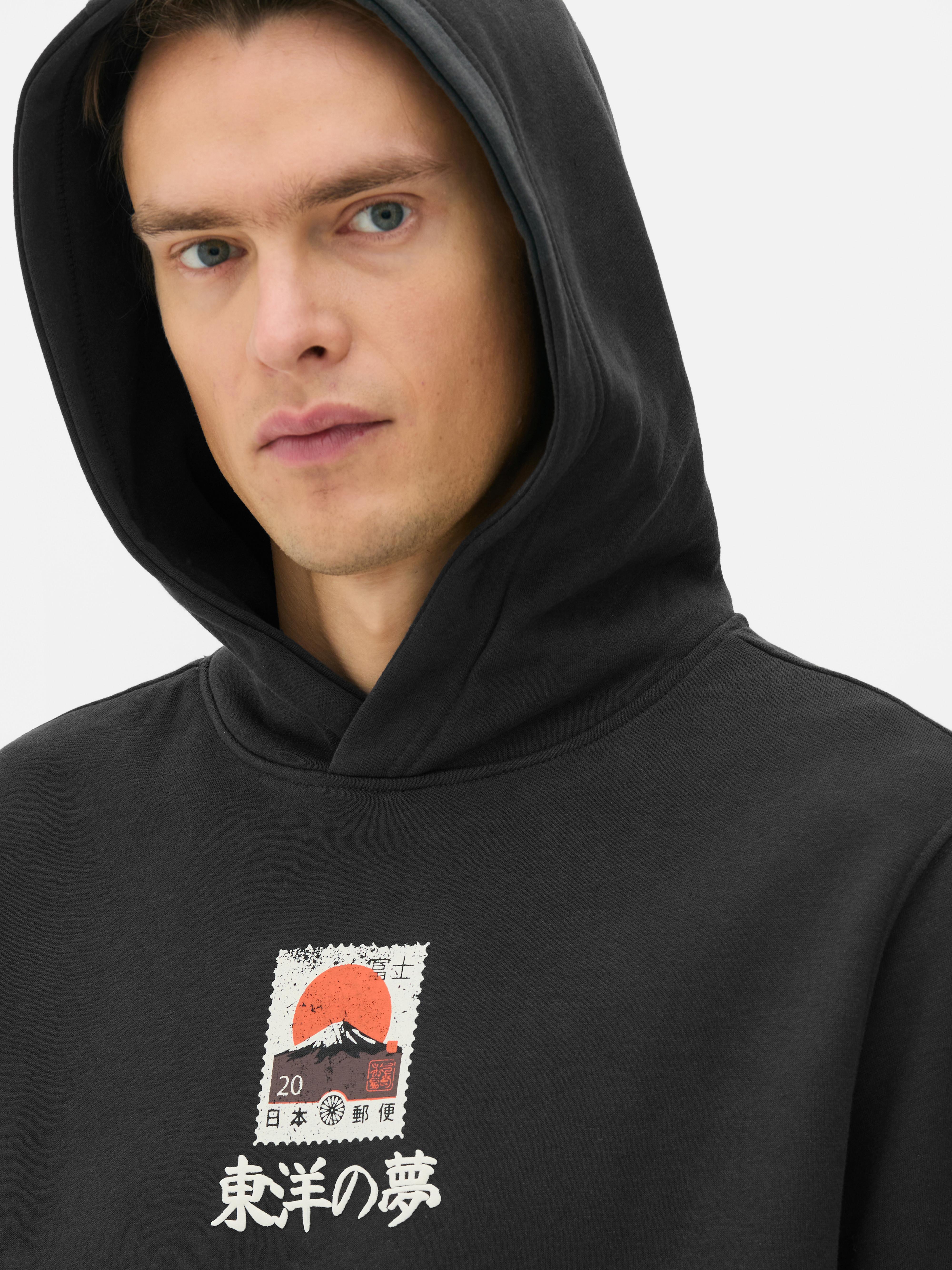 Camisola capuz gráfica postal japonês