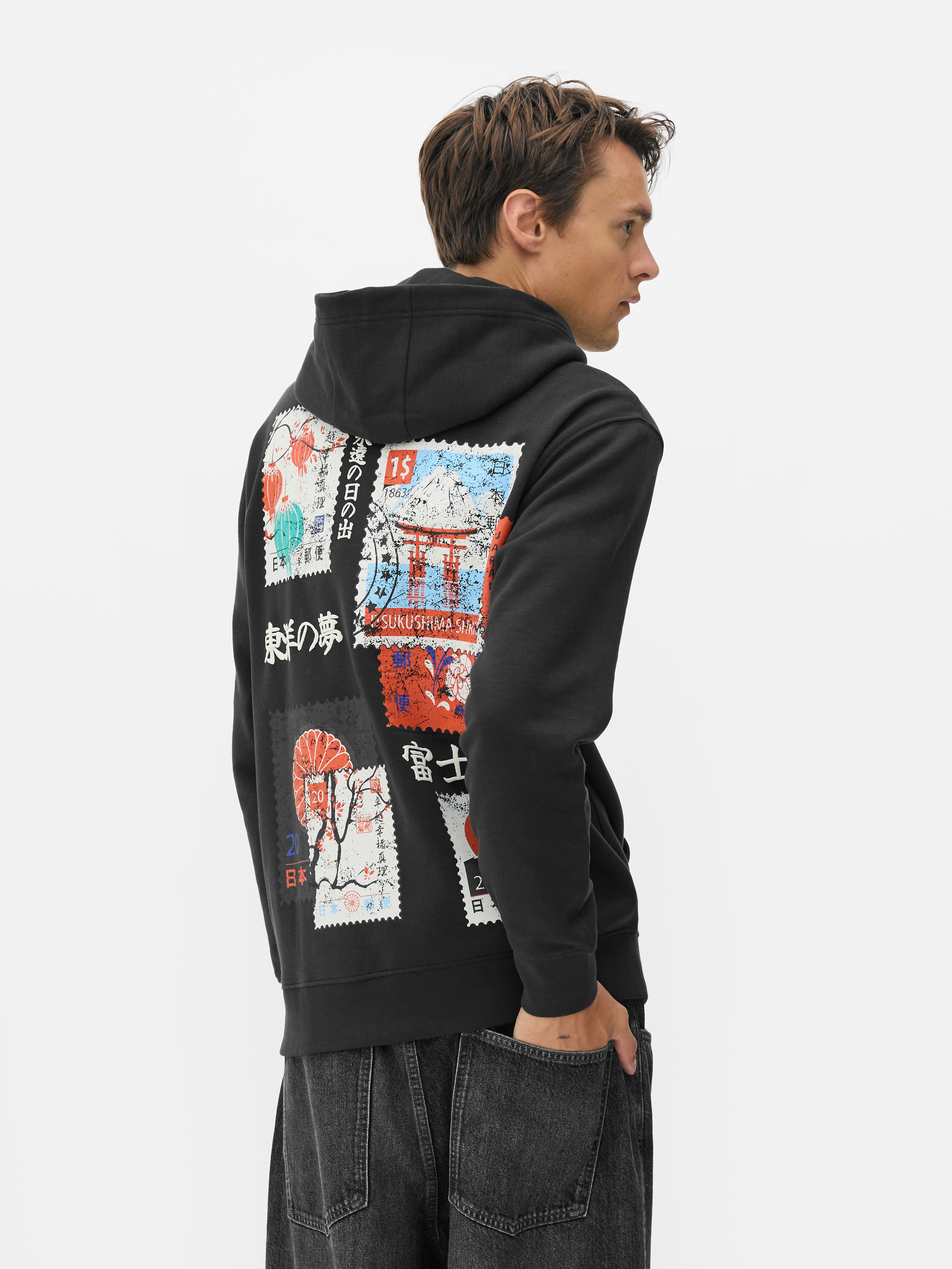 Camisola capuz gráfica postal japonês