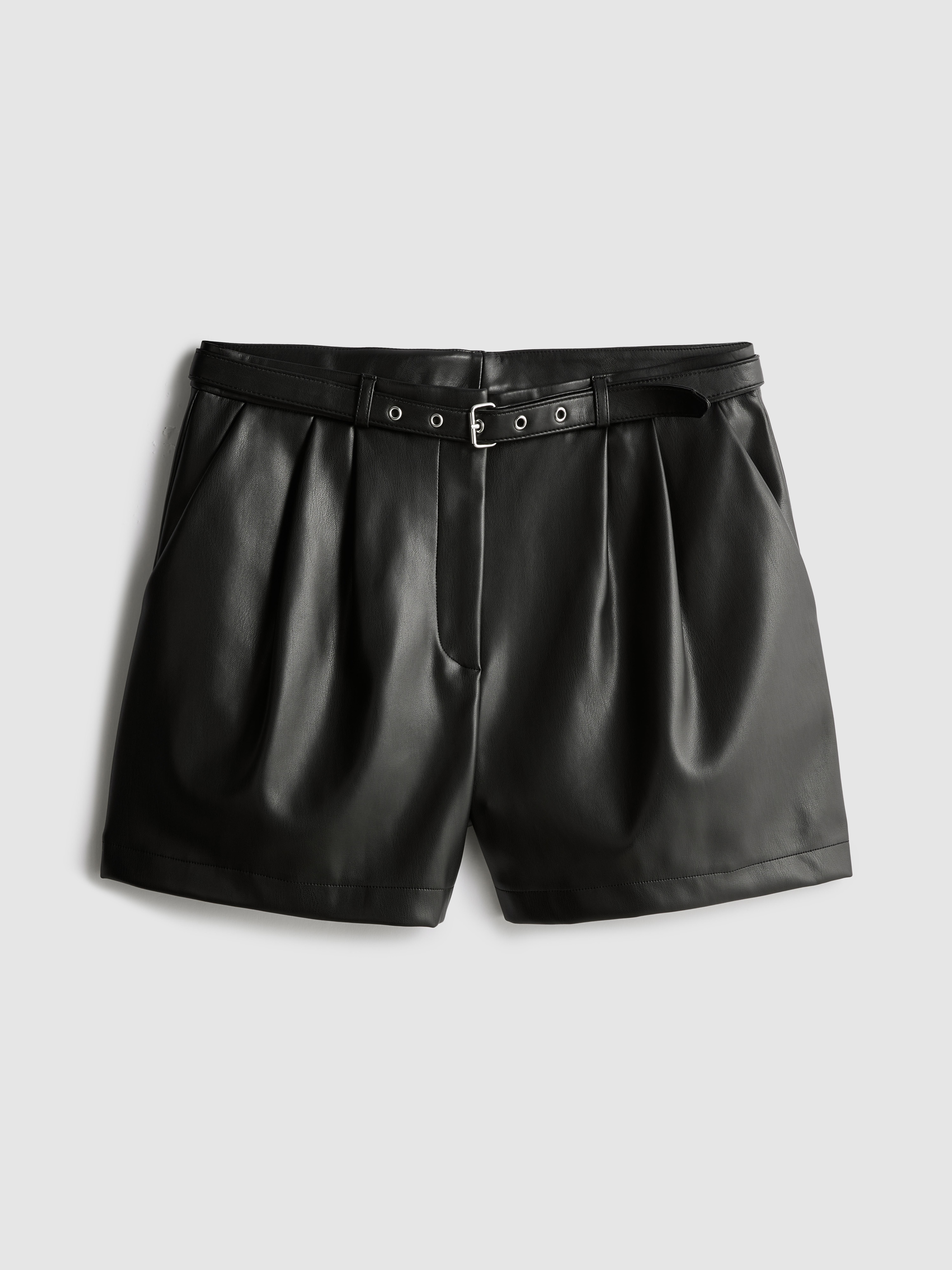 High Waisted Belted PU Shorts