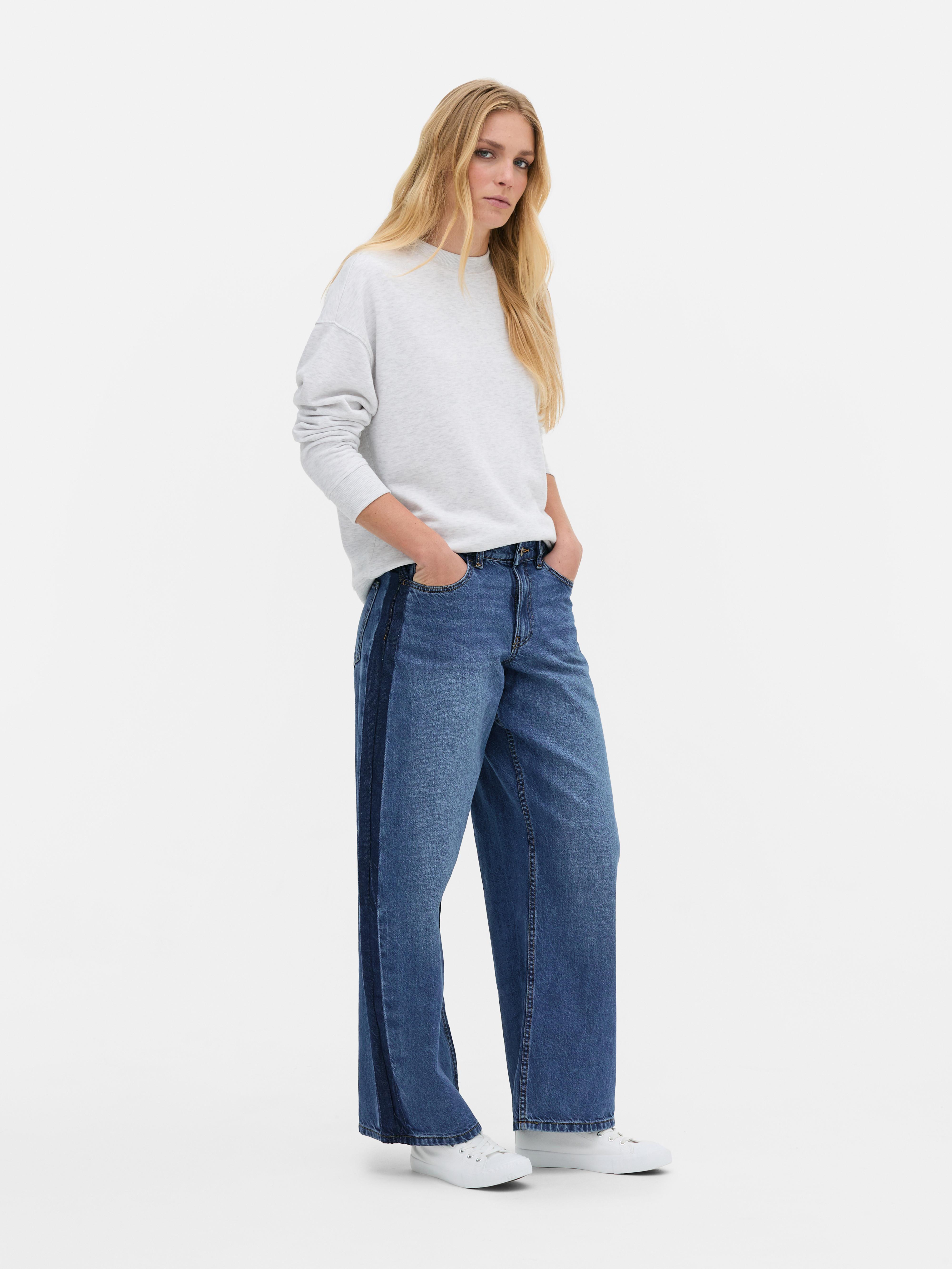 Mid Rise Wide Leg Contrast Panel Jeans