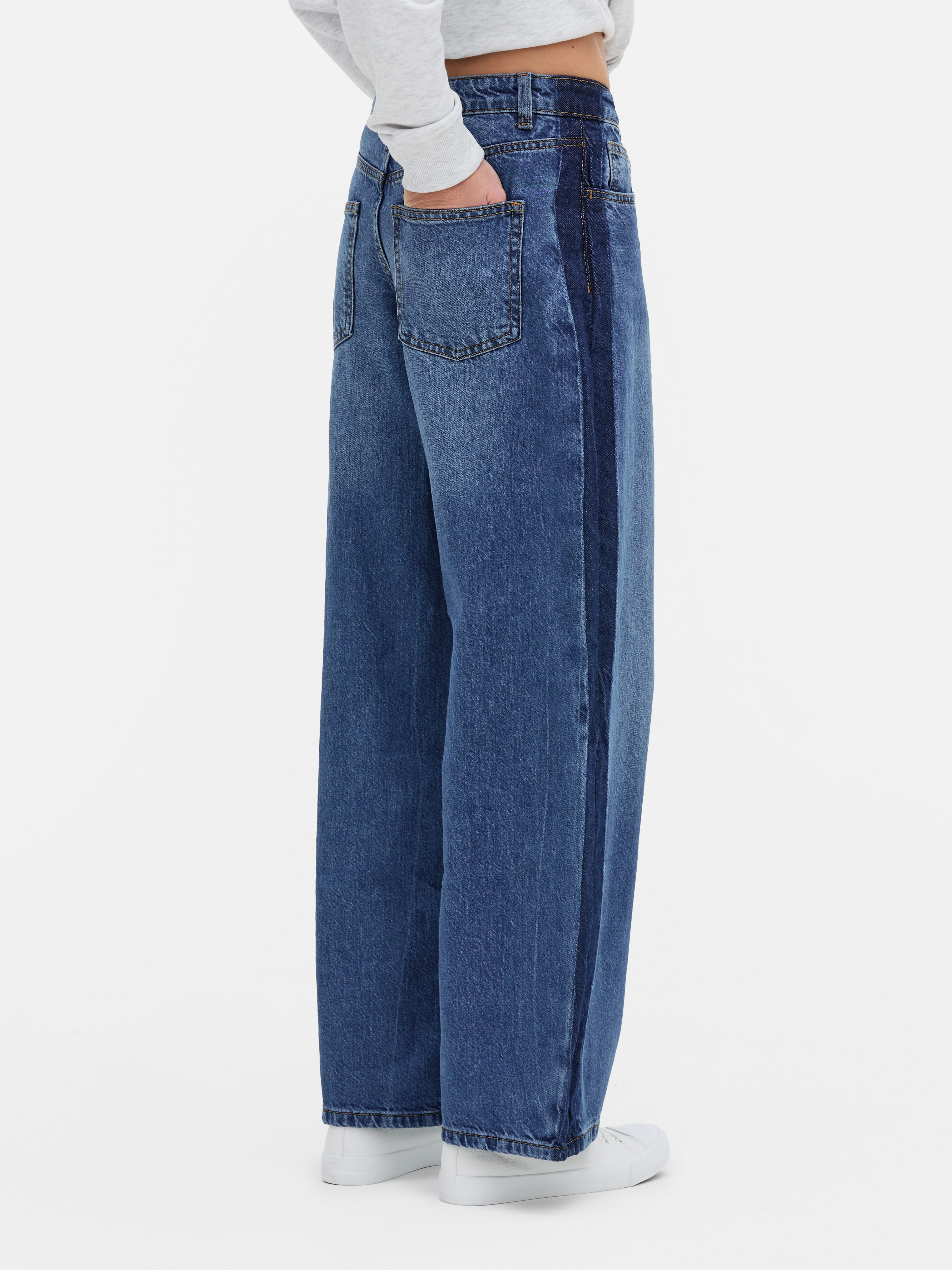 Mid Rise Wide Leg Contrast Panel Jeans