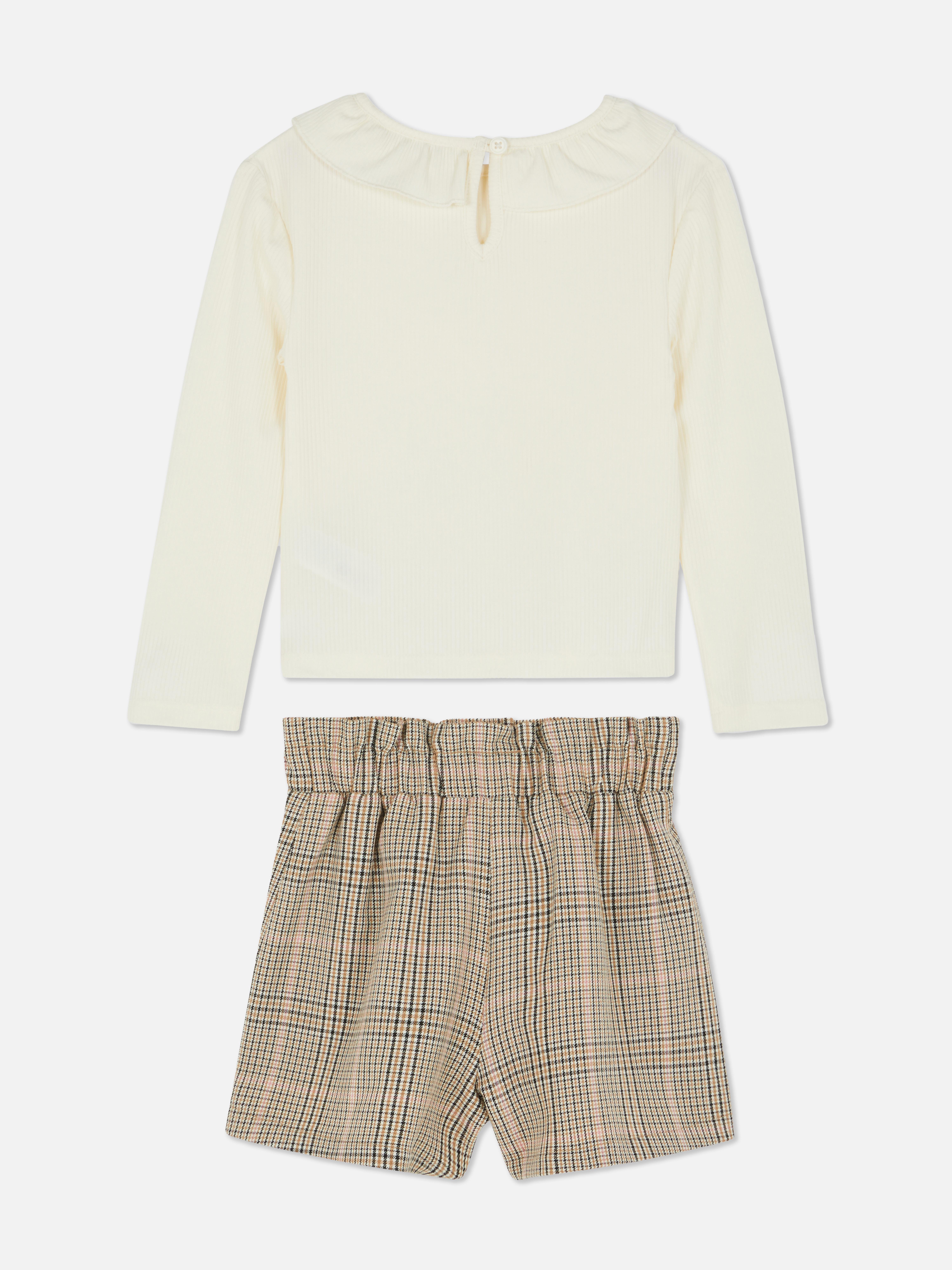1.5-8yrs | Ruffle Collar Long-Sleeve T-Shirt and Herringbone Shorts Set