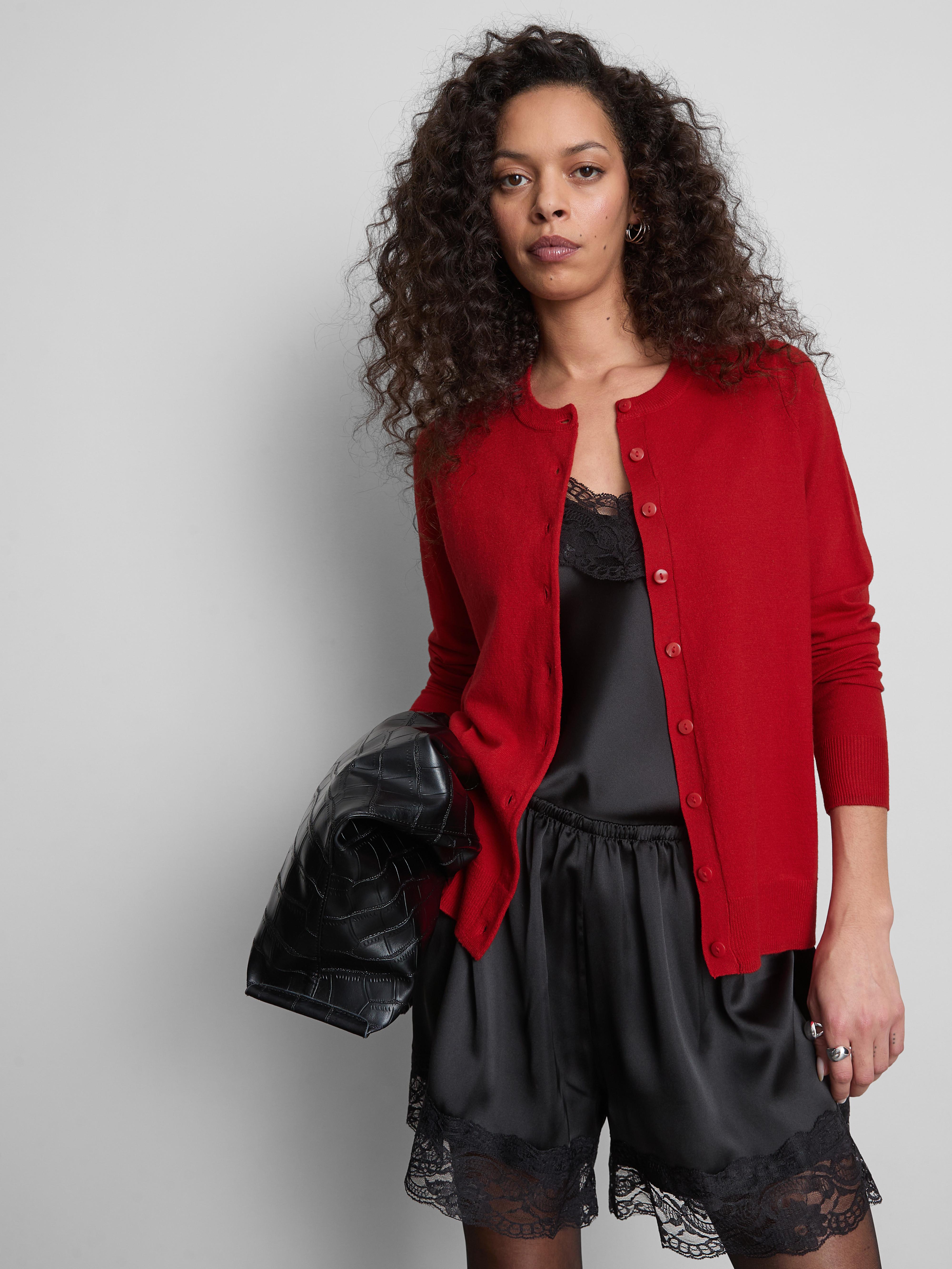 Women's Red Long Sleeve Crew Neck Cardigan