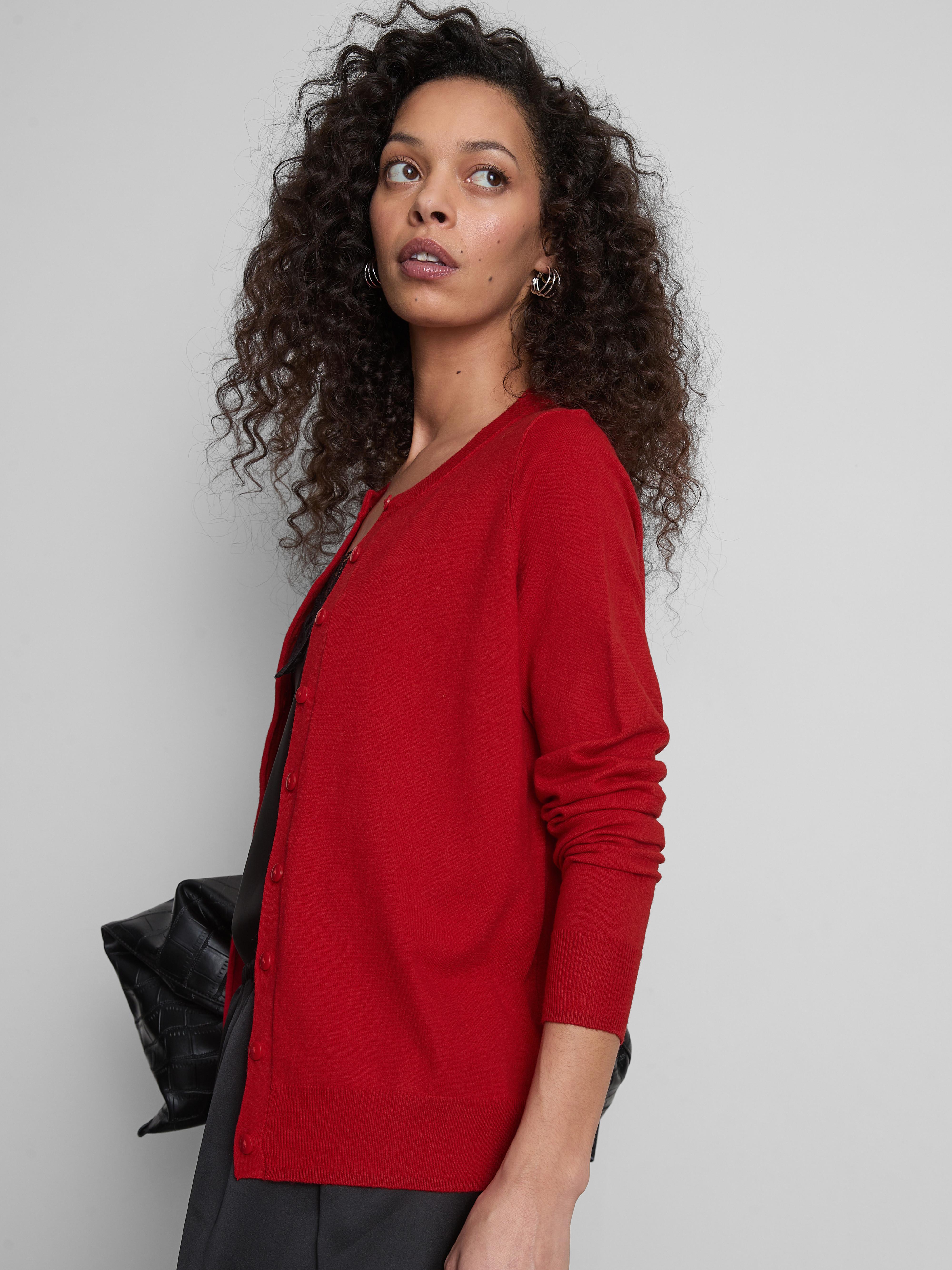Women's Red Long Sleeve Crew Neck Cardigan