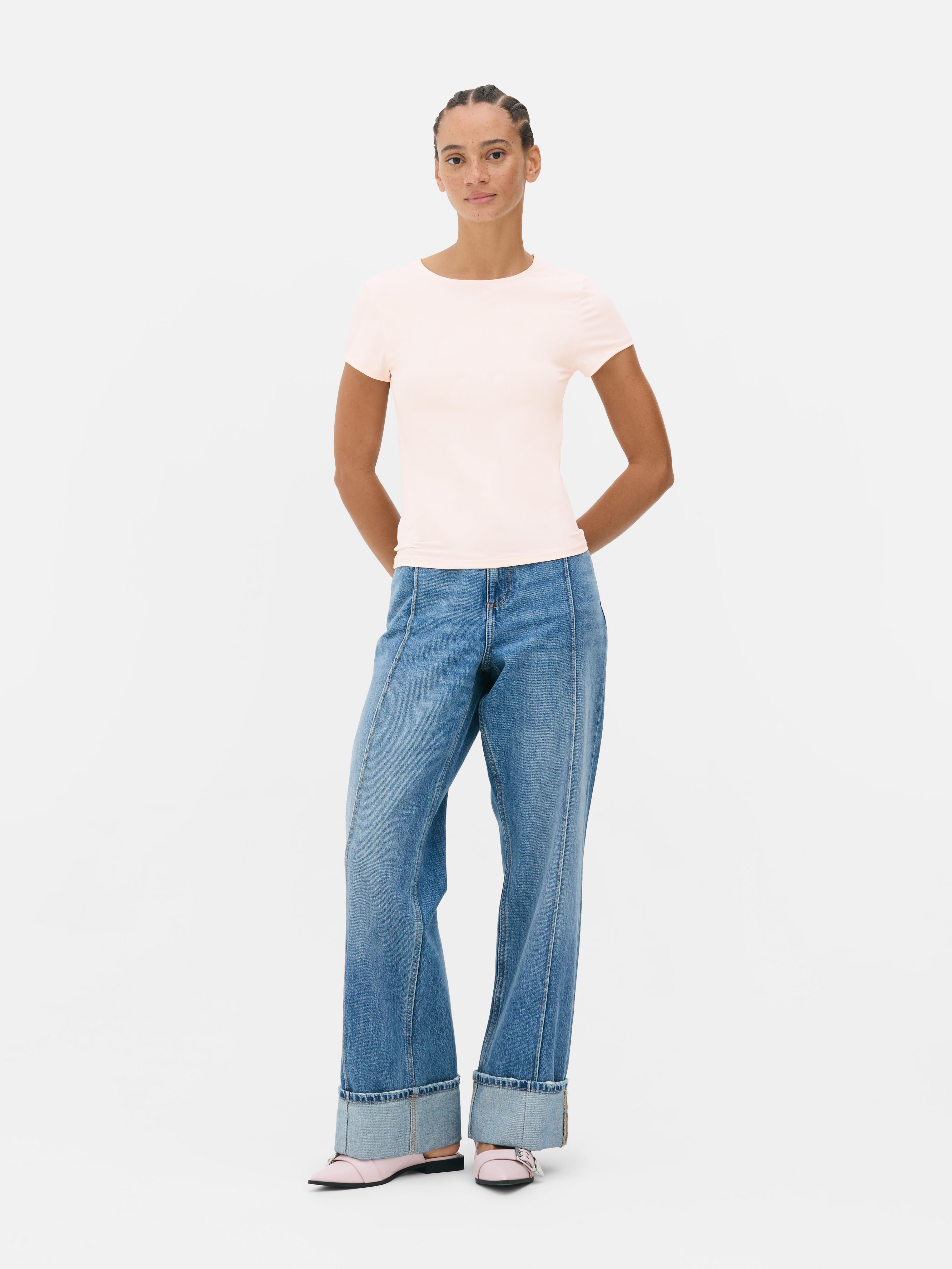 Roselux Maglietta Donna A Coste Maniche Corte, Girocollo, Vestibilità Aderente, Tessuto Elasticizzato, Colore Azzurro Chiaro, Taglia L