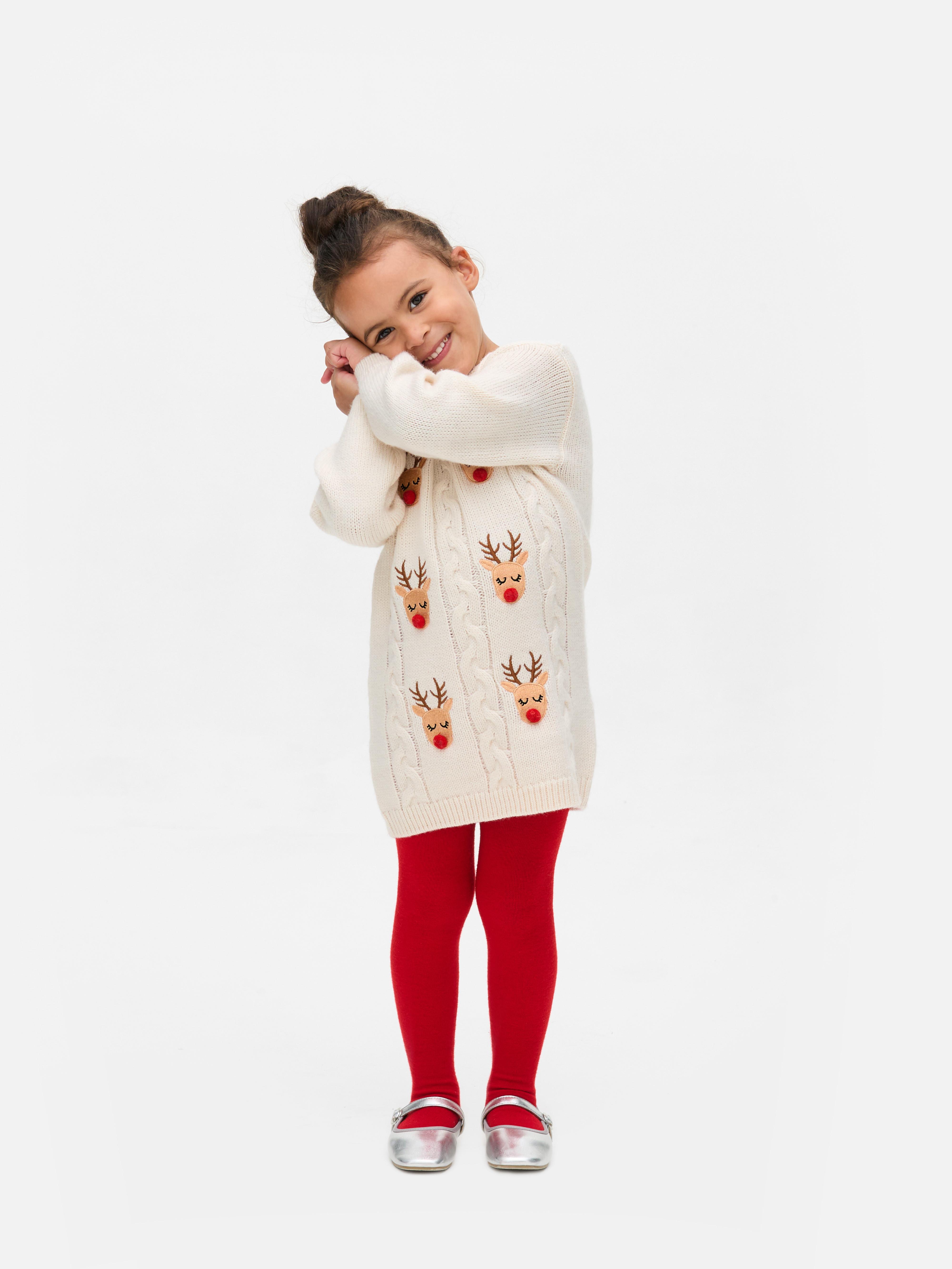 1,5–8 Jahre | Weihnachtliches Rentier-Pulloverkleid und Strumpfhose