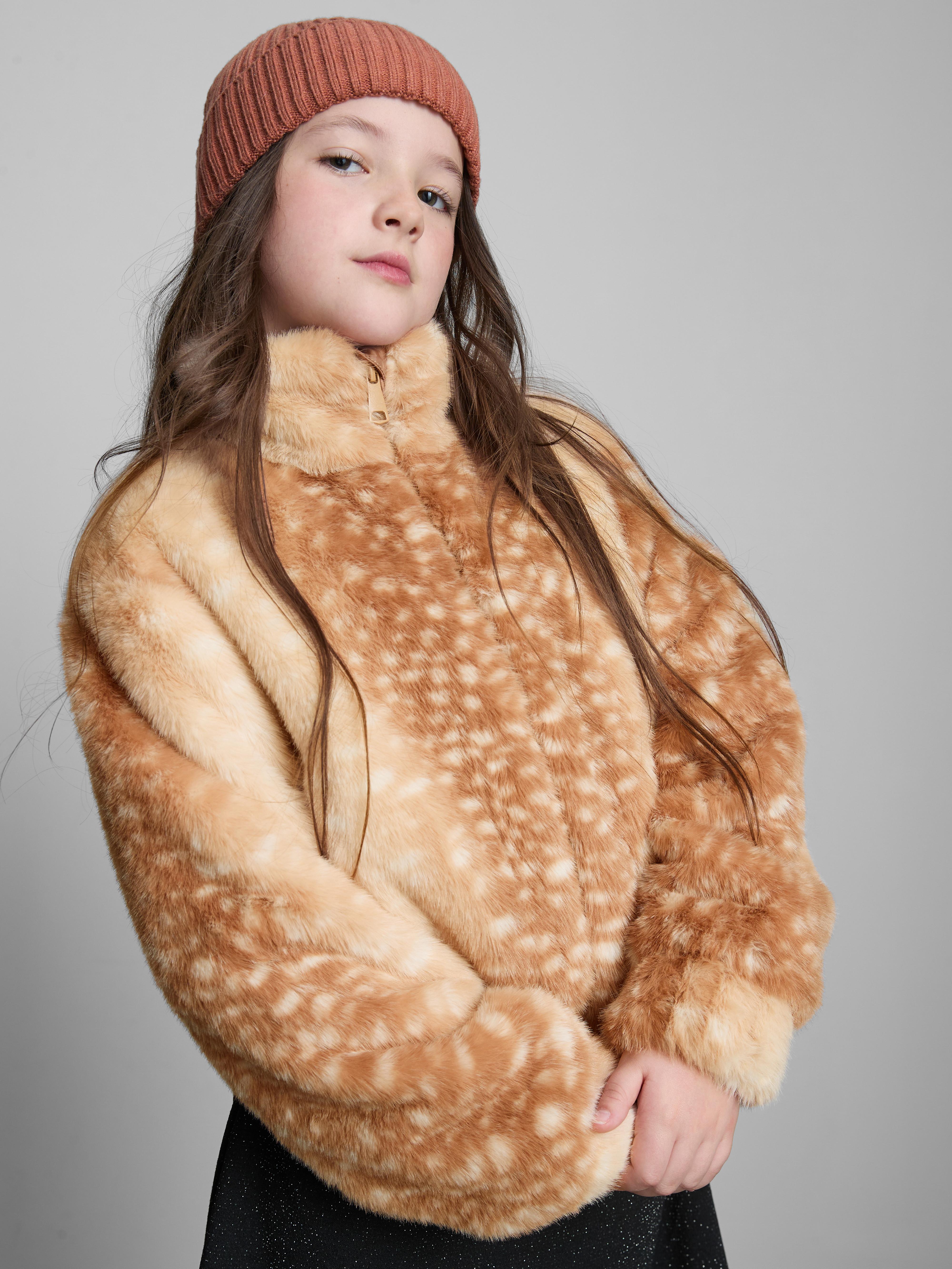 7-15yrs | Animal Print Faux Fur Funnel Neck Jacket