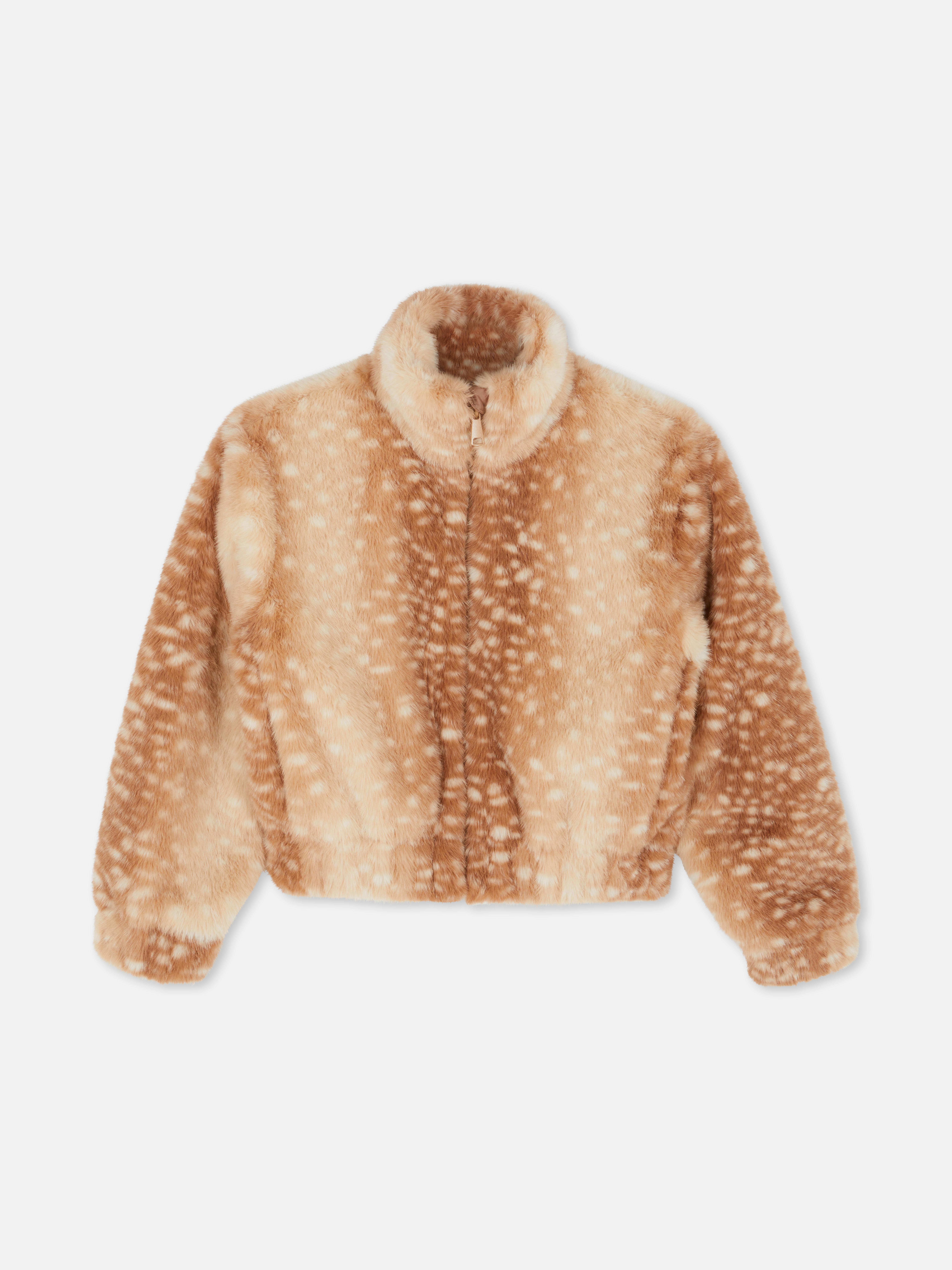 7-15yrs | Animal Print Faux Fur Funnel Neck Jacket