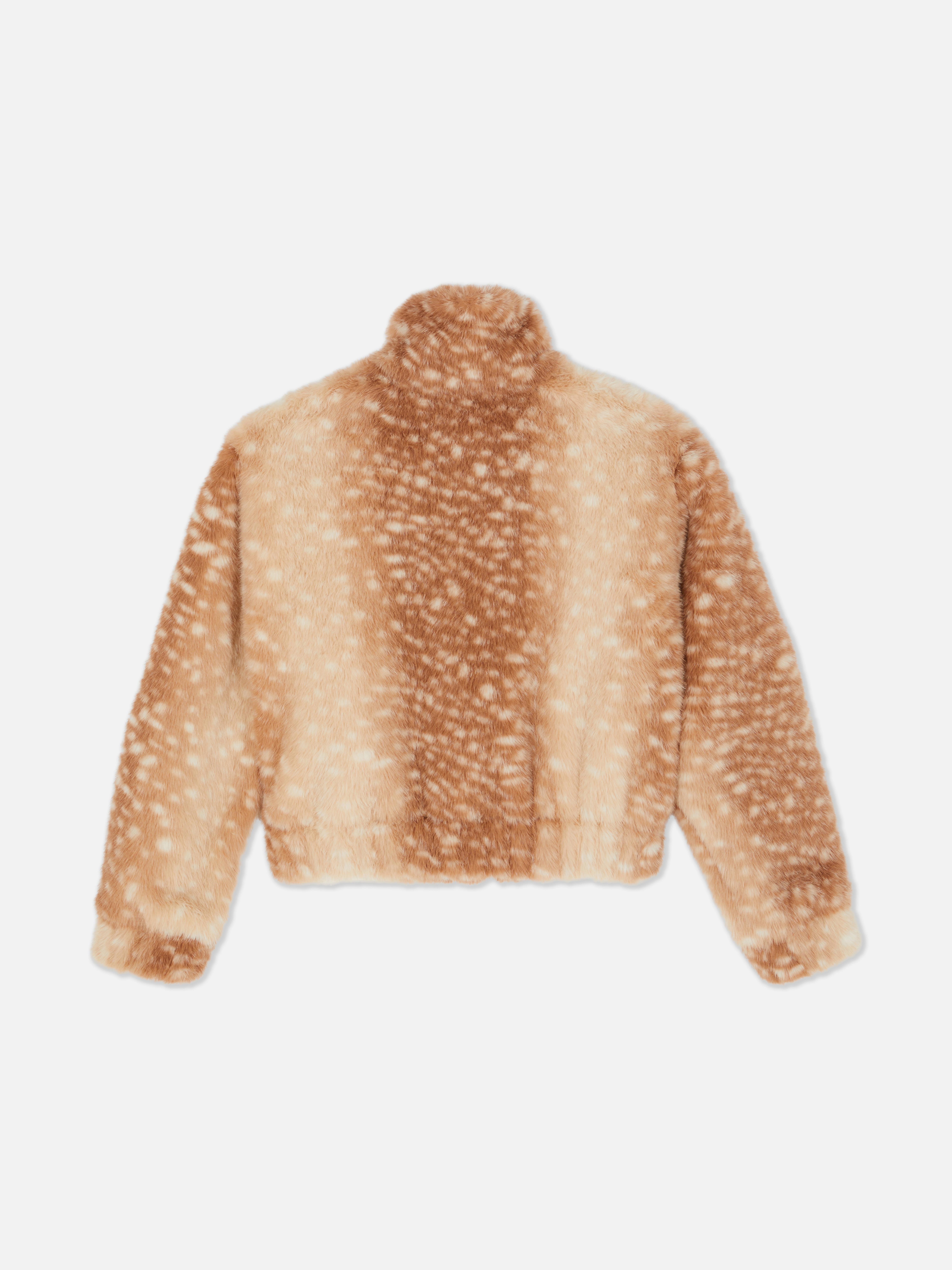 7-15yrs | Animal Print Faux Fur Funnel Neck Jacket