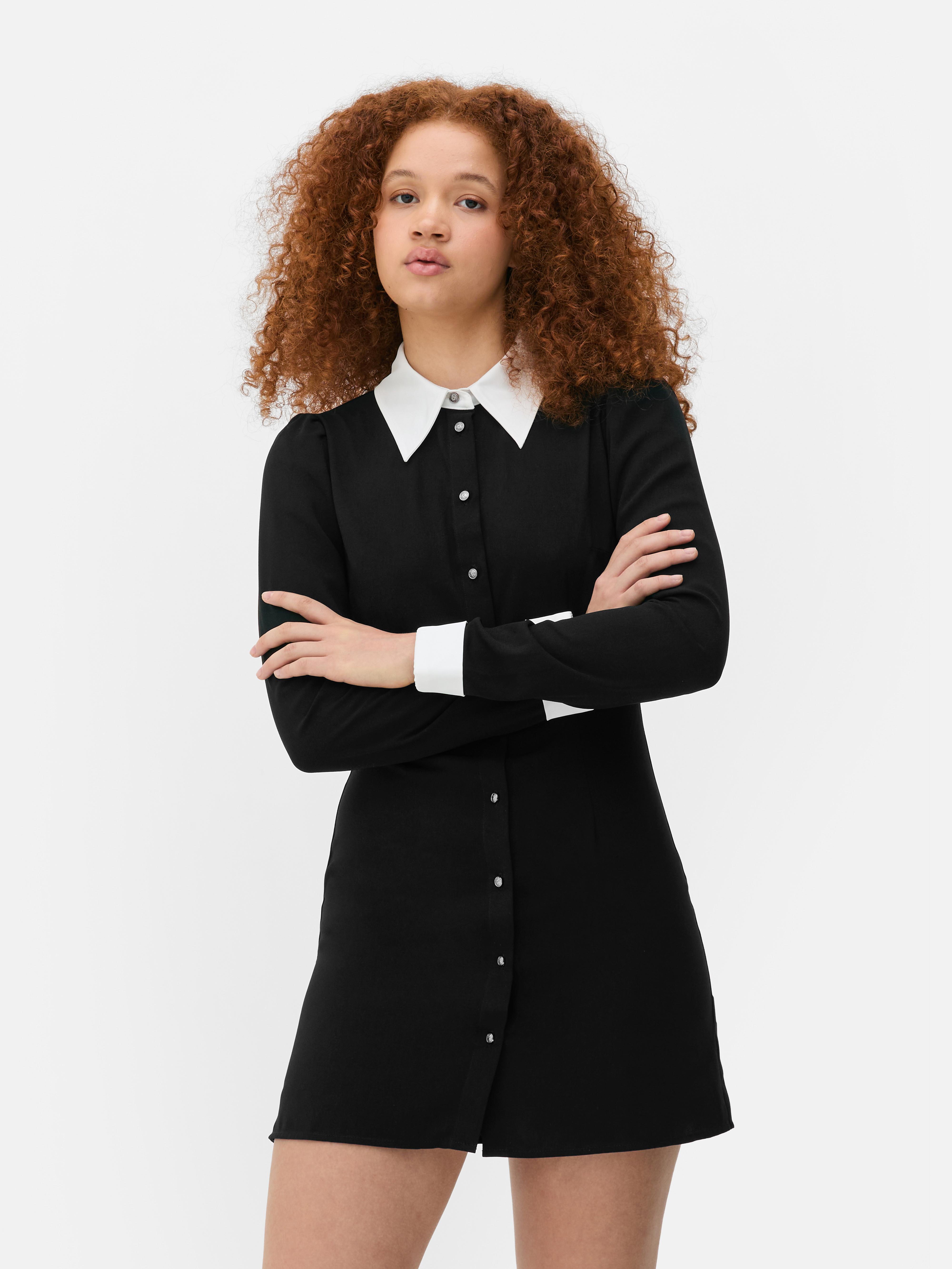 ●Bad Blue●Buttons Collar Dress (Black) Women's Black/White Collen Atwood X Wednesday Contrast