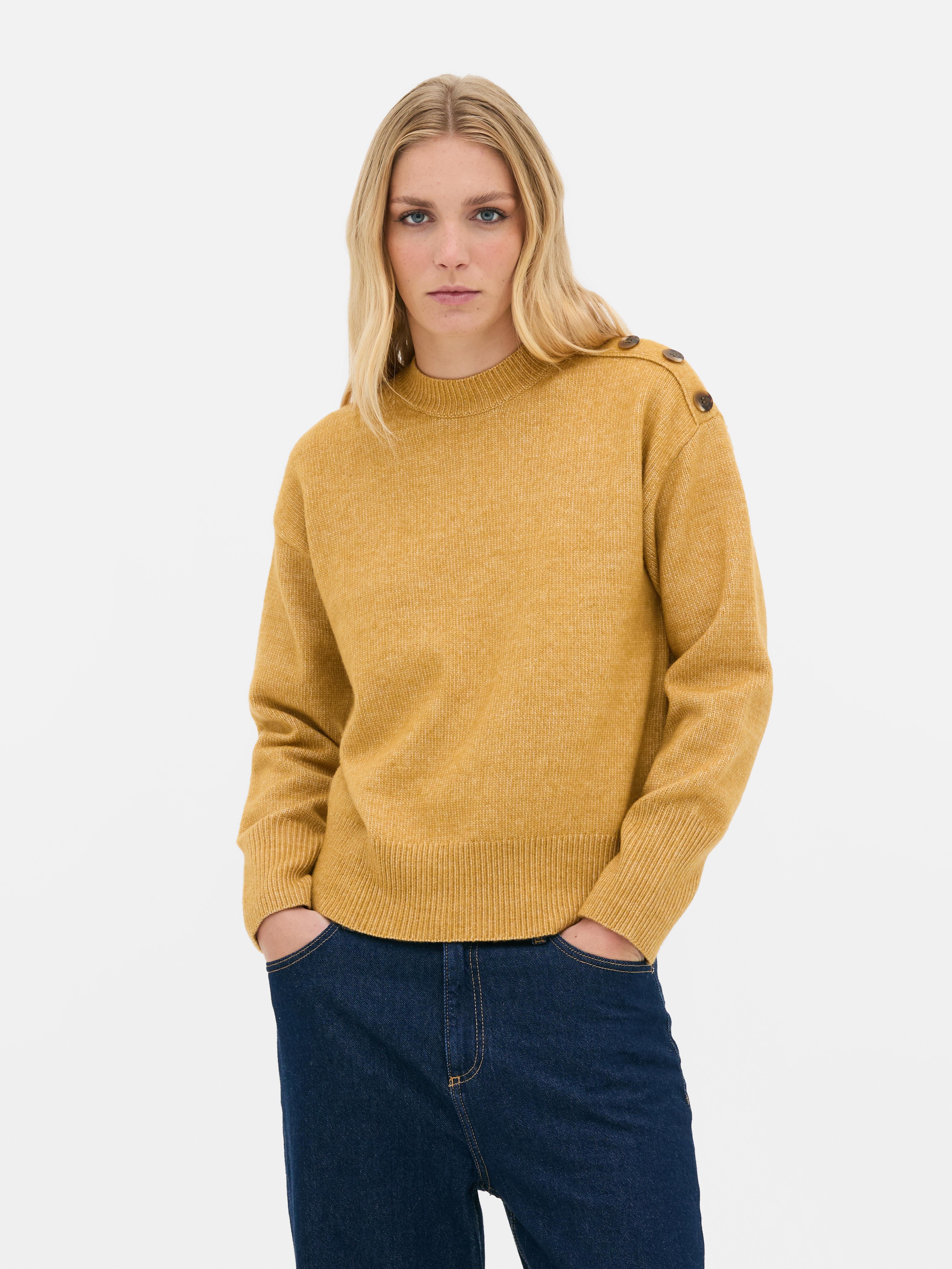 Button Detail Crew Neck Jumper Mustard