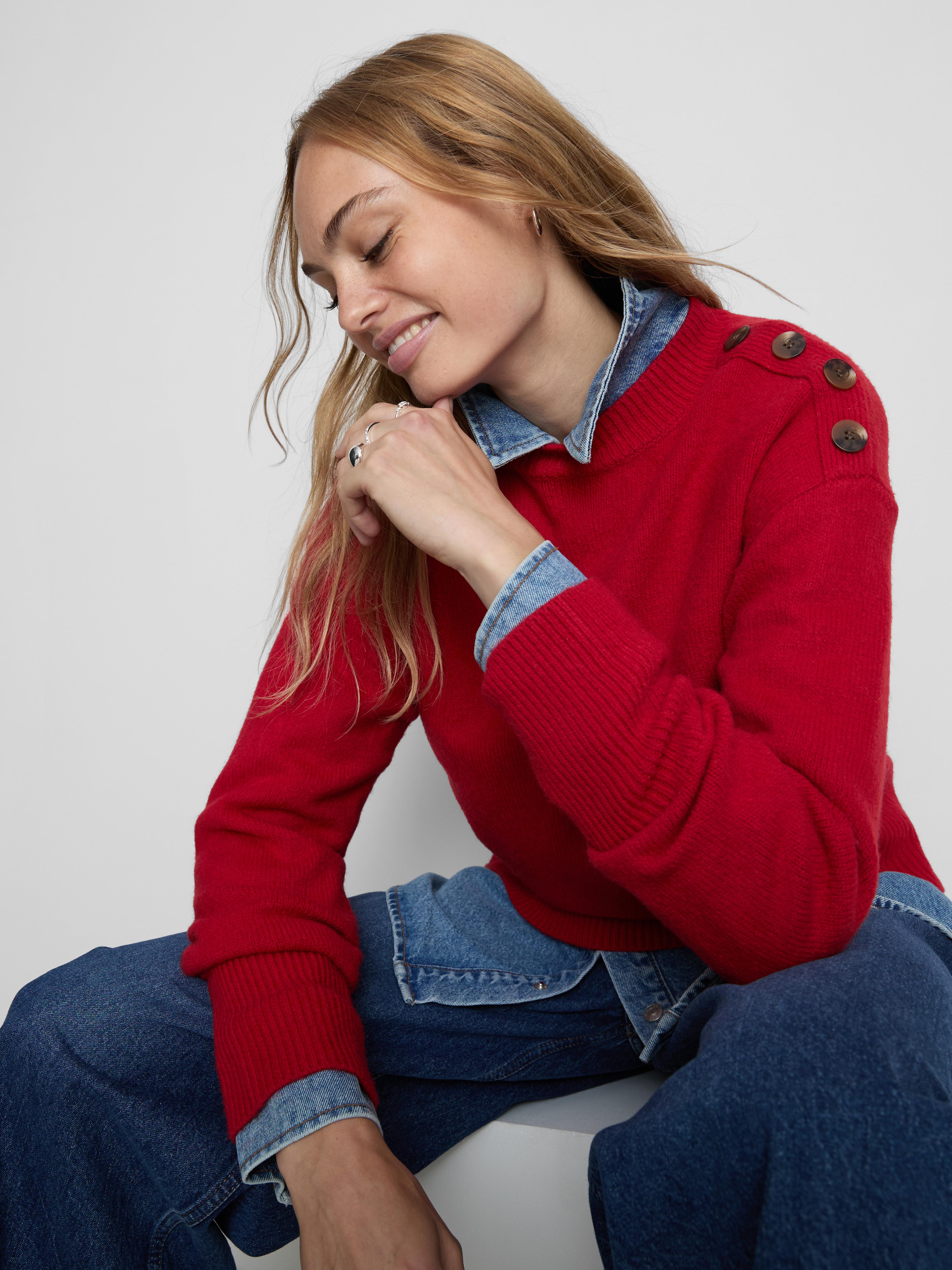 Button Detail Crew Neck Jumper Red