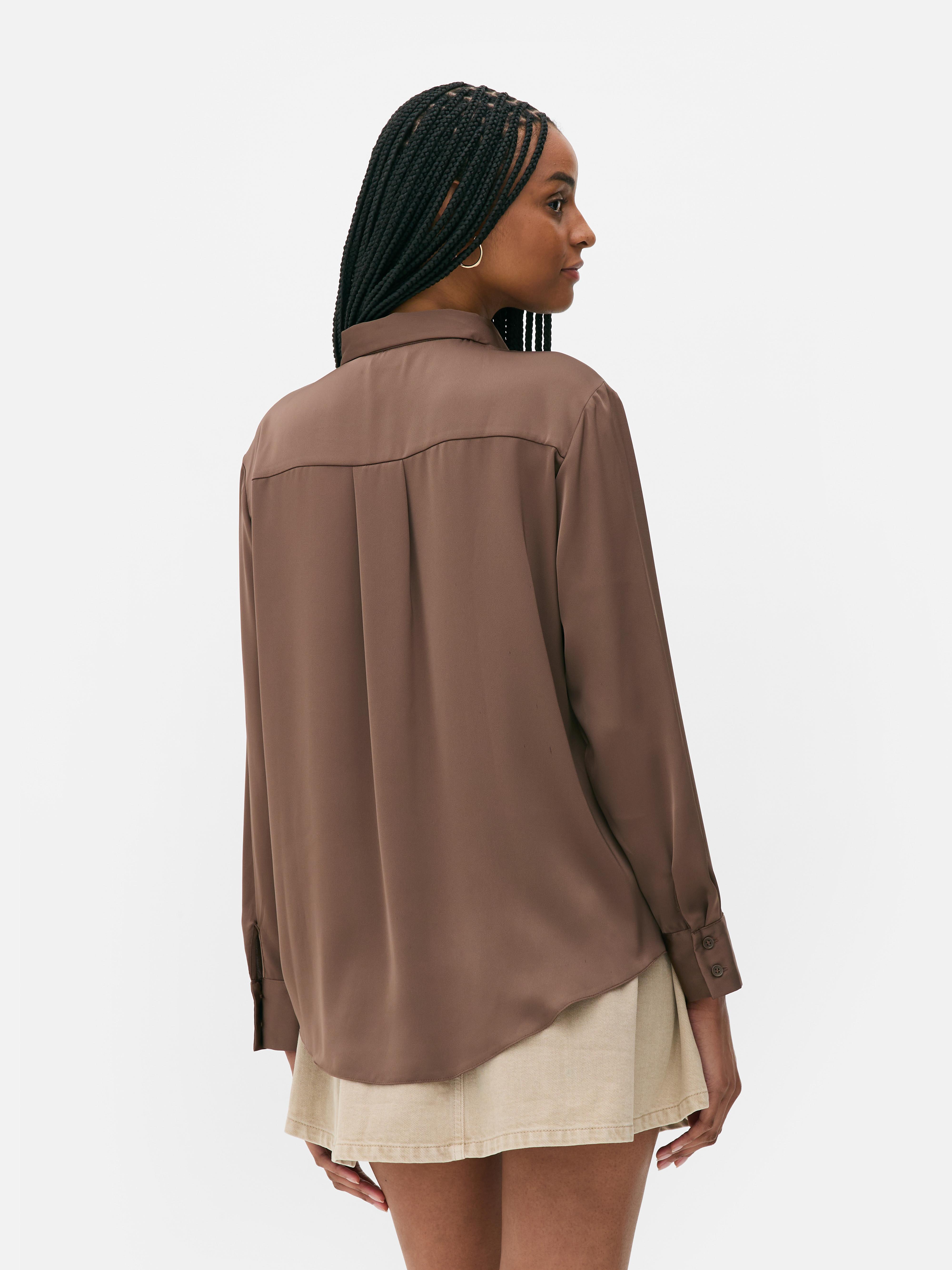 fetico23SS 【BROWN】CUTOUT SATIN SHIRT Sycamore Satin Shirt - Brown/combo | Fashion Nova