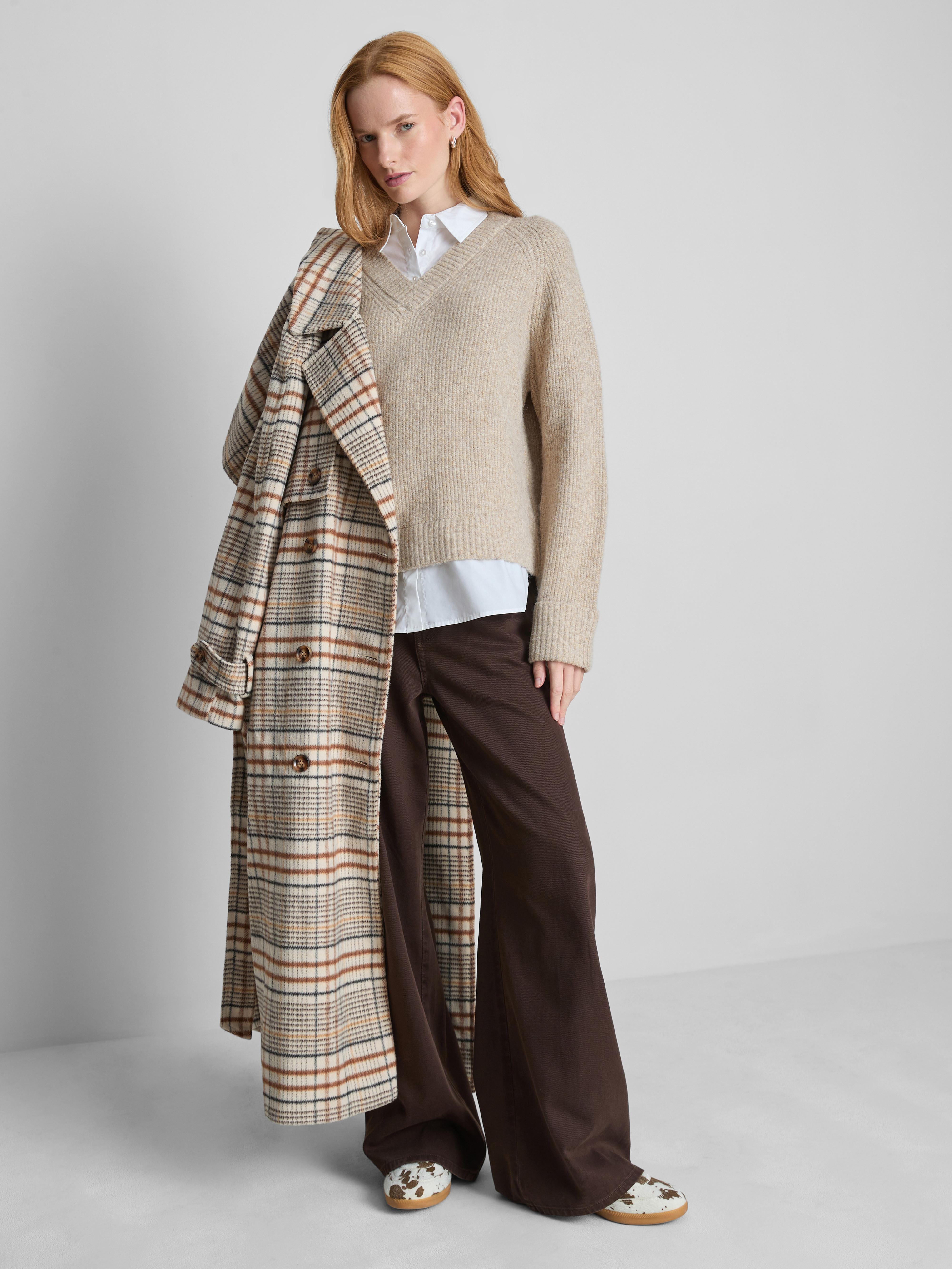 Jersey de punto con cuello de pico en Color avena Mujer