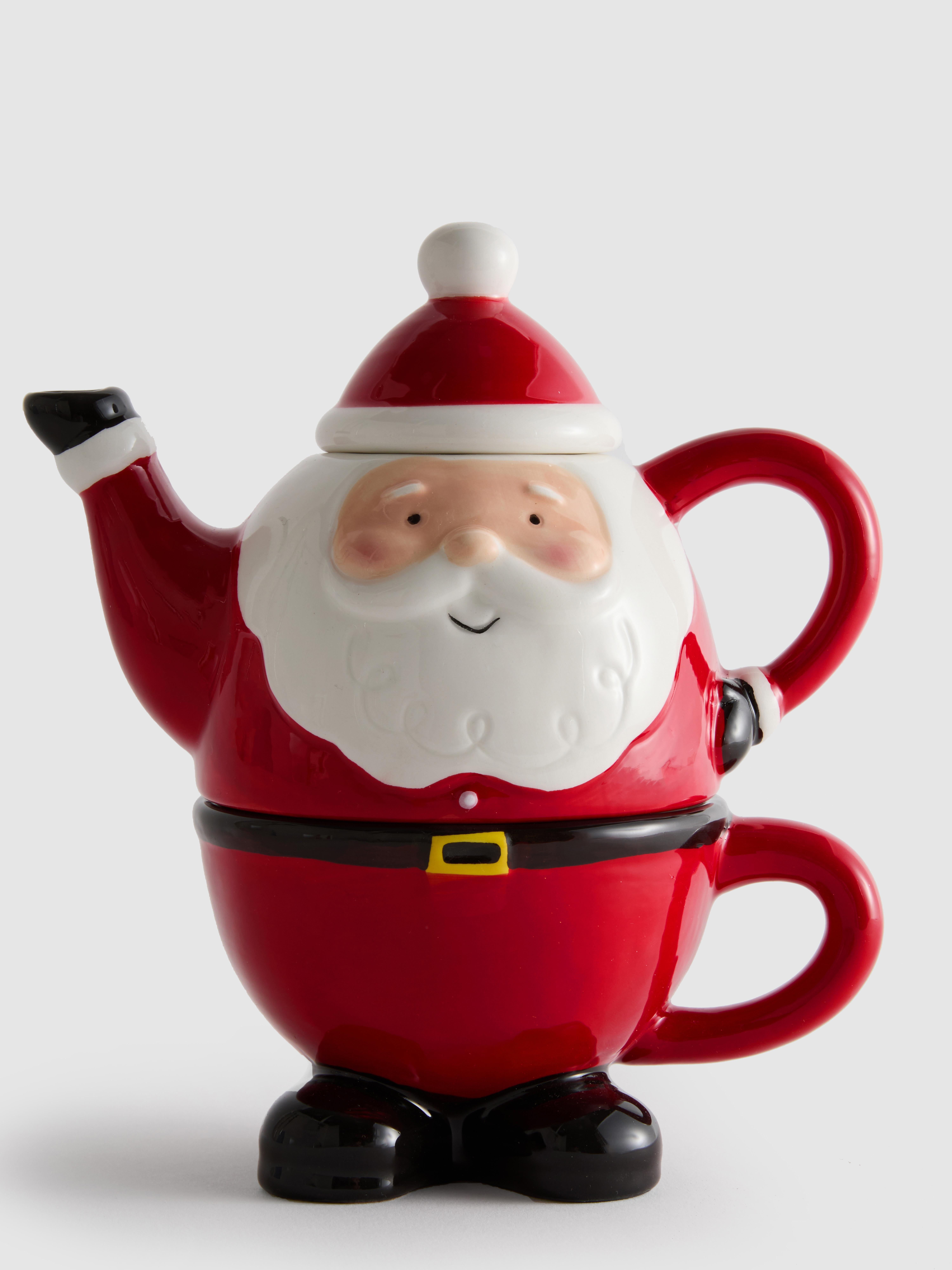 Set mit stapelbarer Teekanne und Tasse im Weihnachtsmanndesign