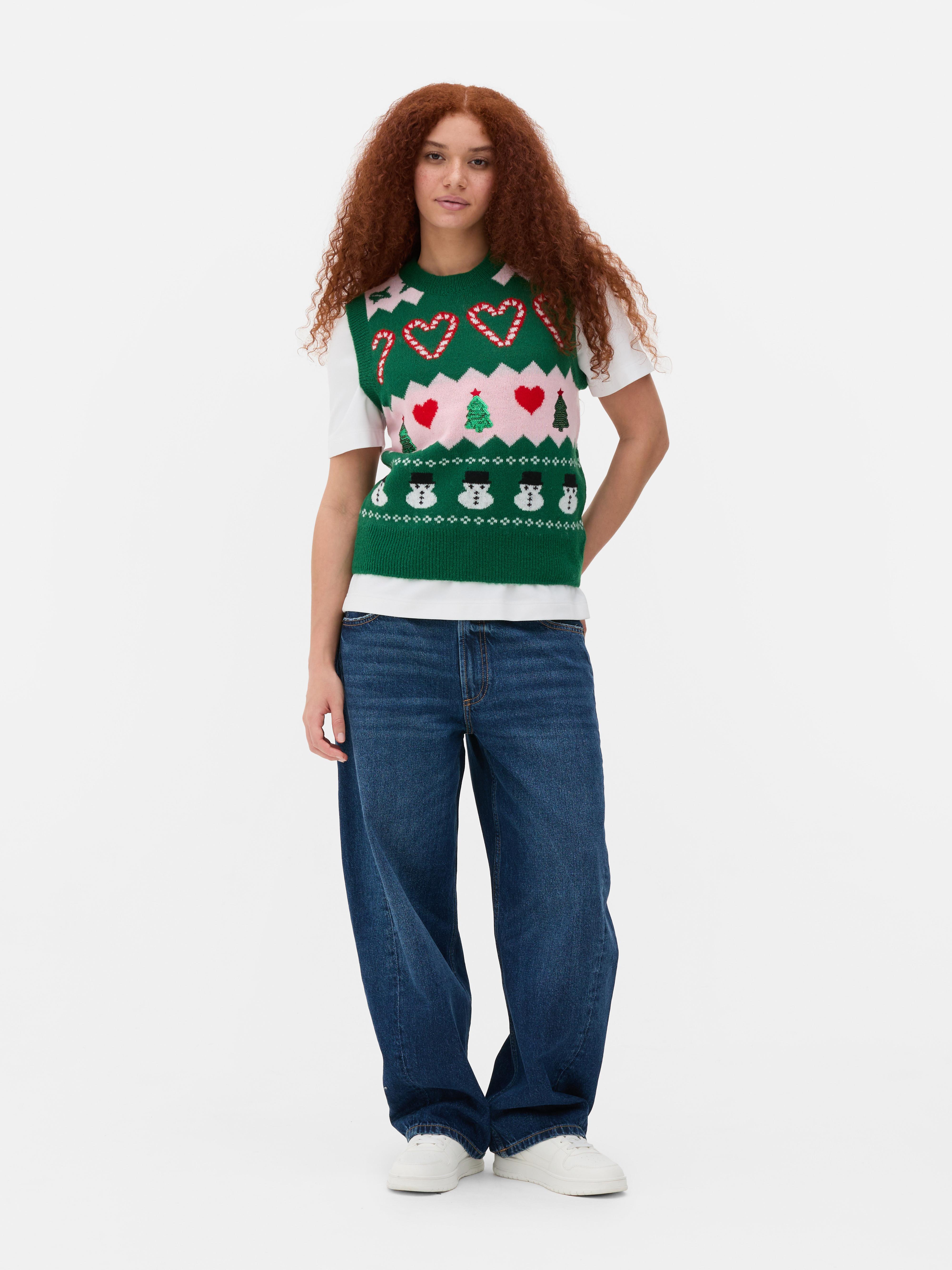 Pull sans manches de Noël en maille à motif bonhomme de neige