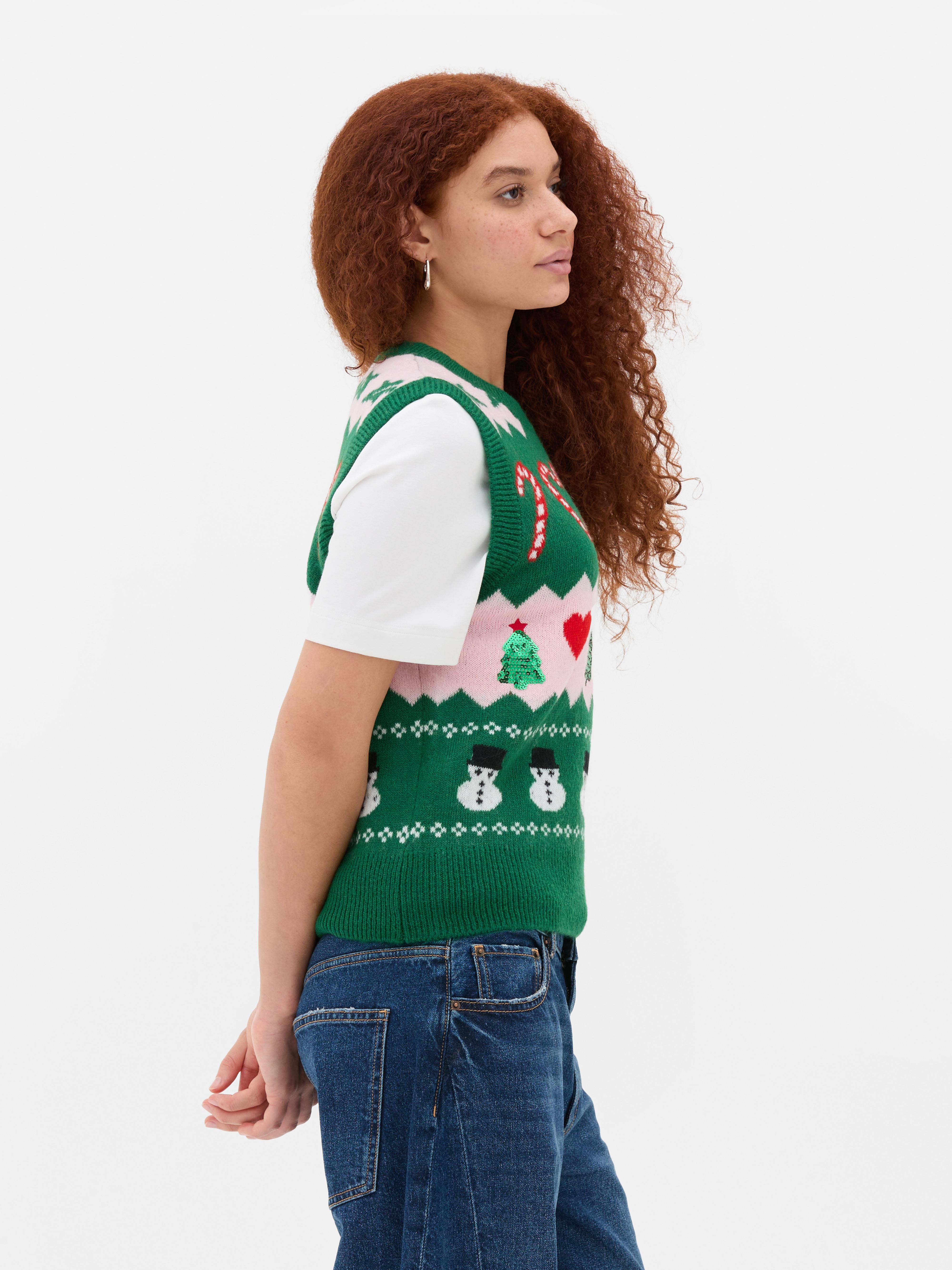 Pull sans manches de Noël en maille à motif bonhomme de neige