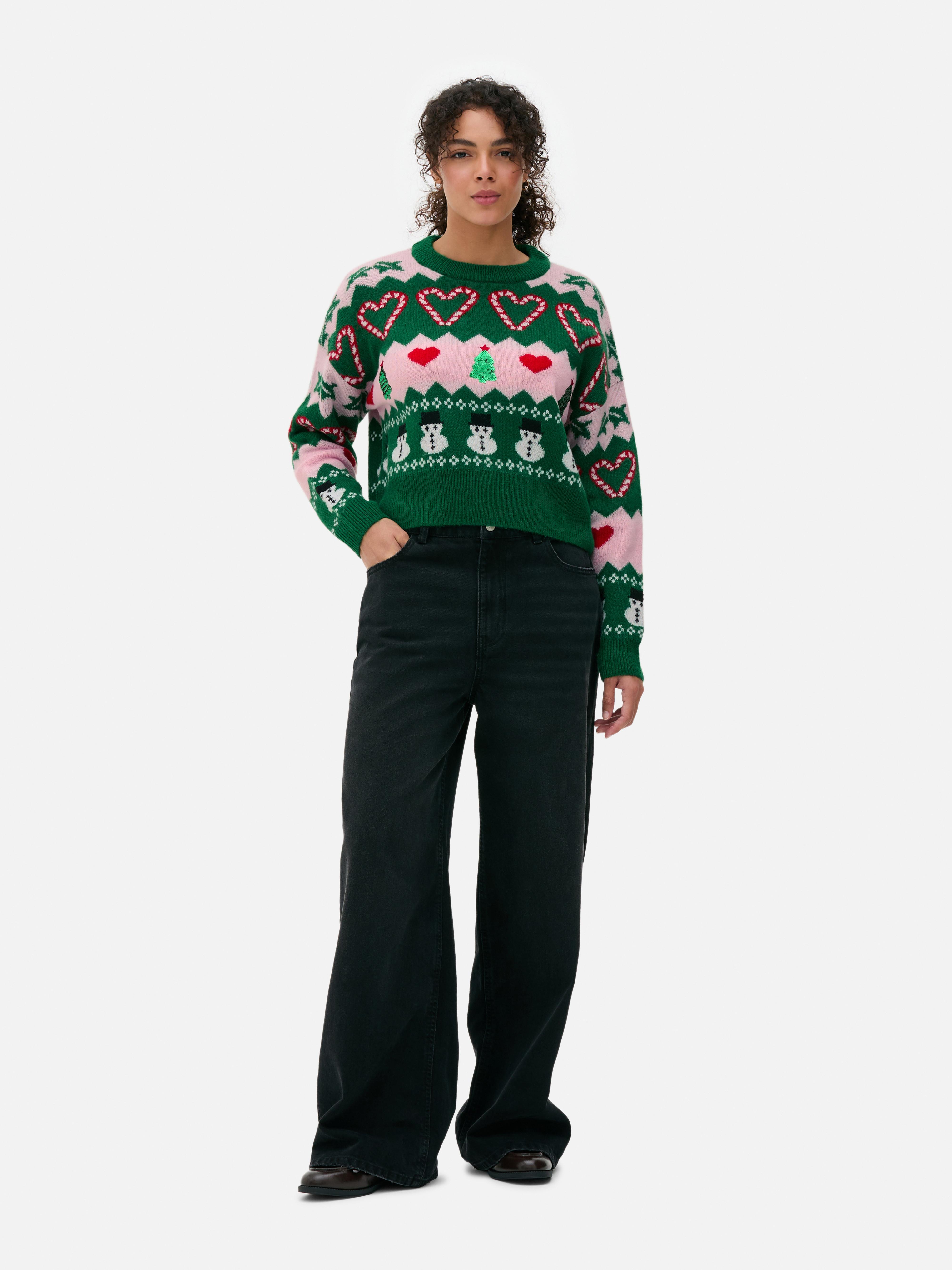 Grüner Weihnachtspullover mit Schneemann-Design