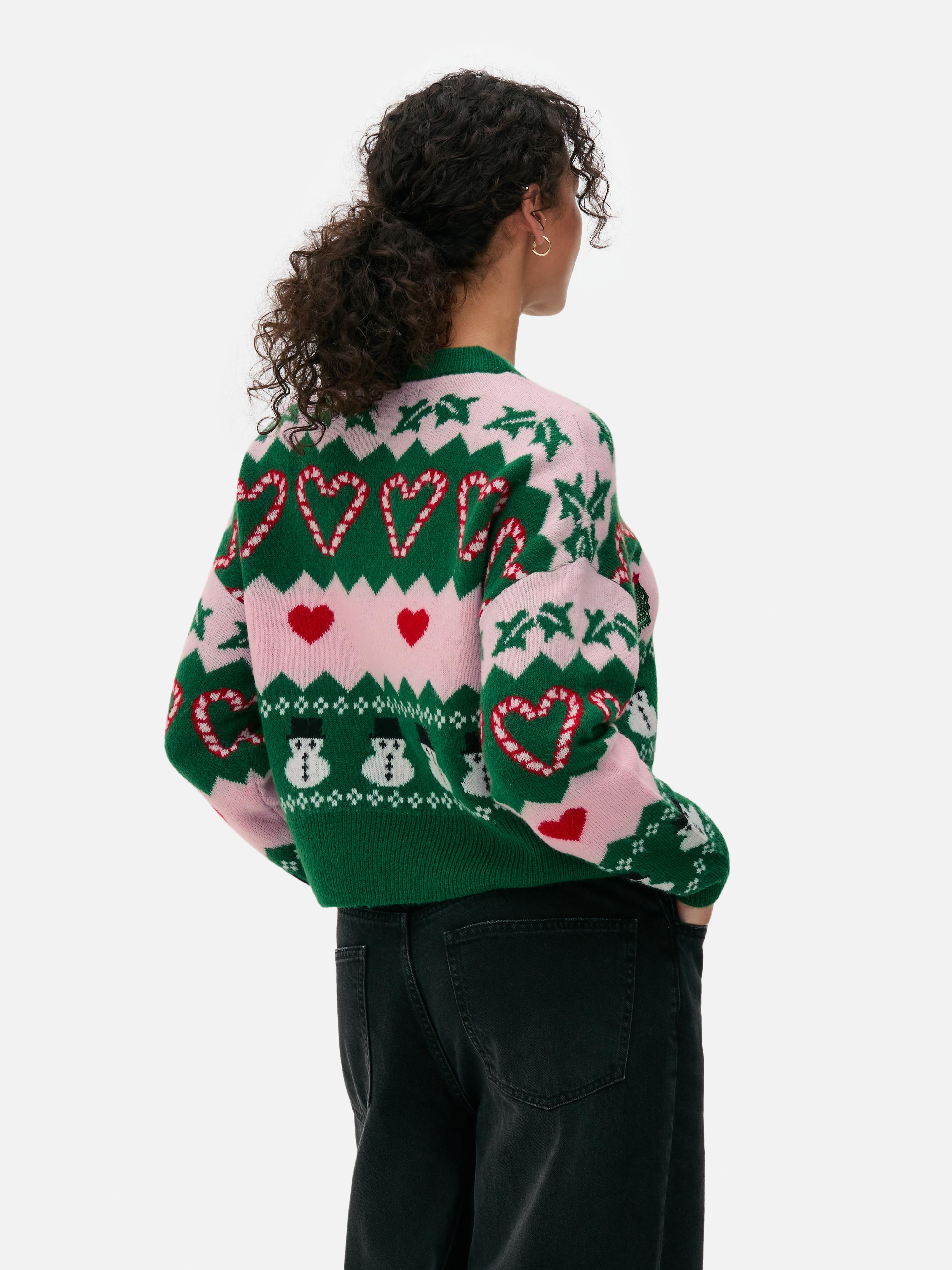 Grüner Weihnachtspullover mit Schneemann-Design