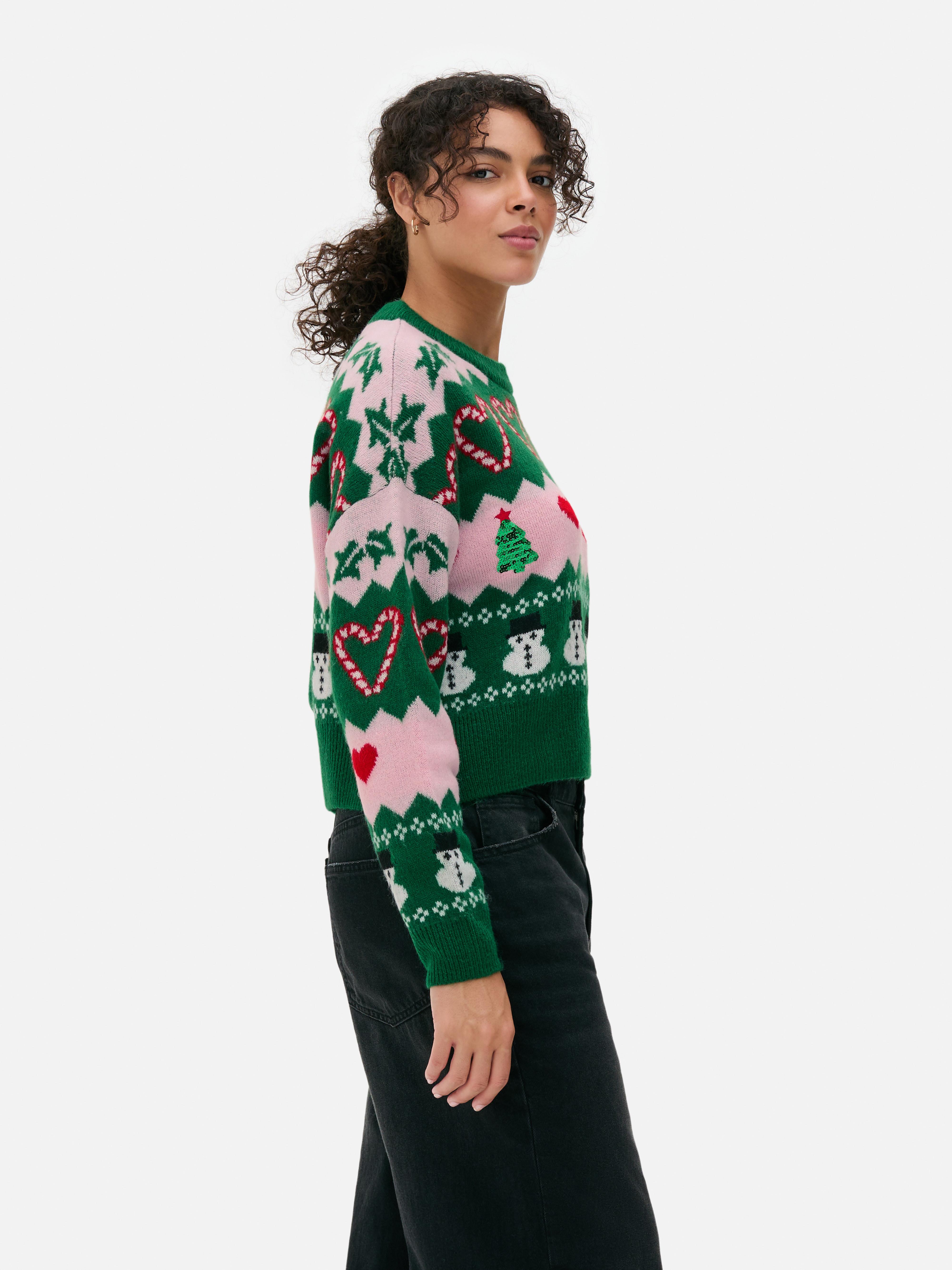 Grüner Weihnachtspullover mit Schneemann-Design