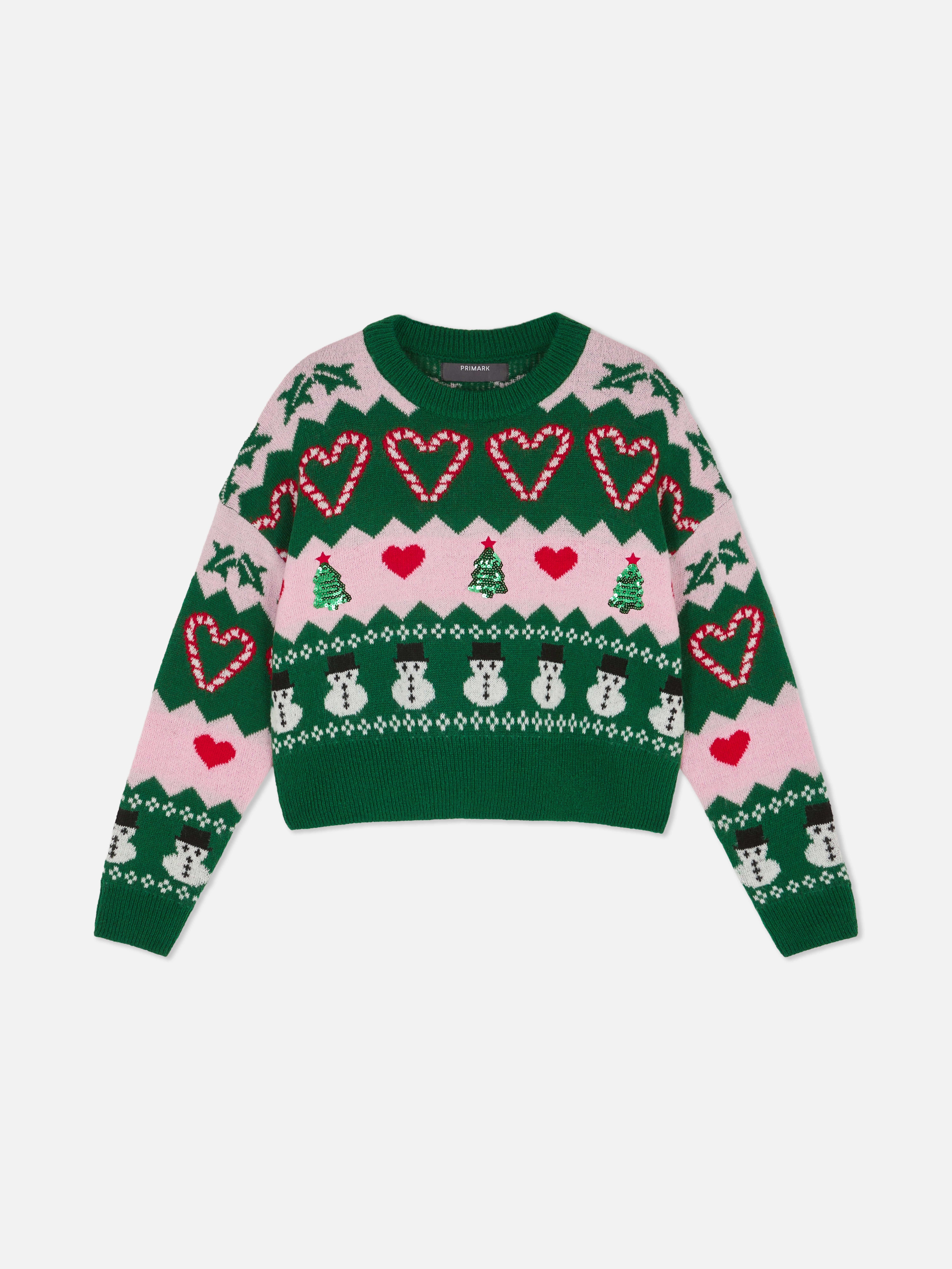 Grüner Weihnachtspullover mit Schneemann-Design