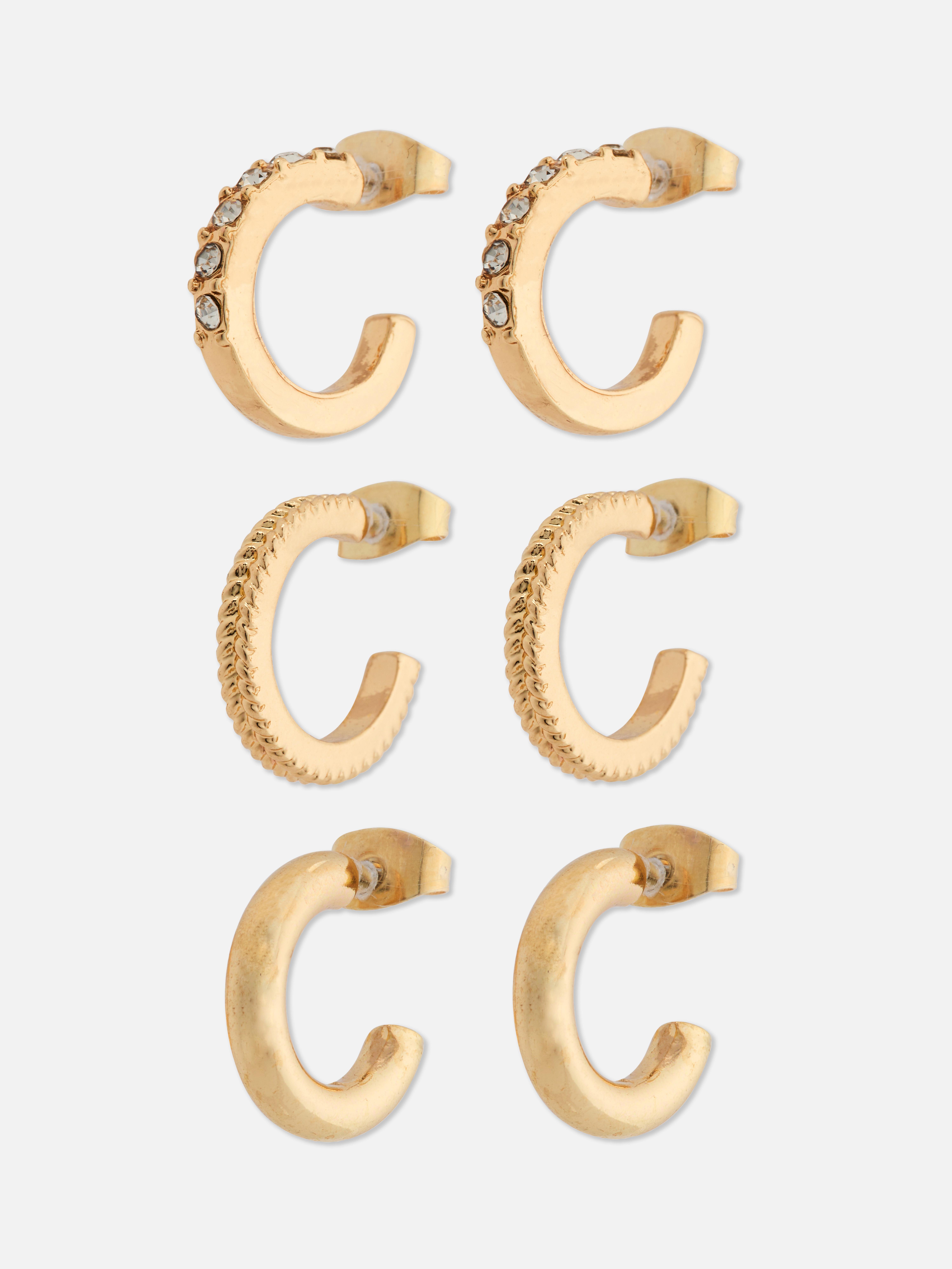 3 Paia Orecchini Huggie A Cerchio Placcati Oro 14K, Design Fiore, Rettangolo E Tondo, Per Donna