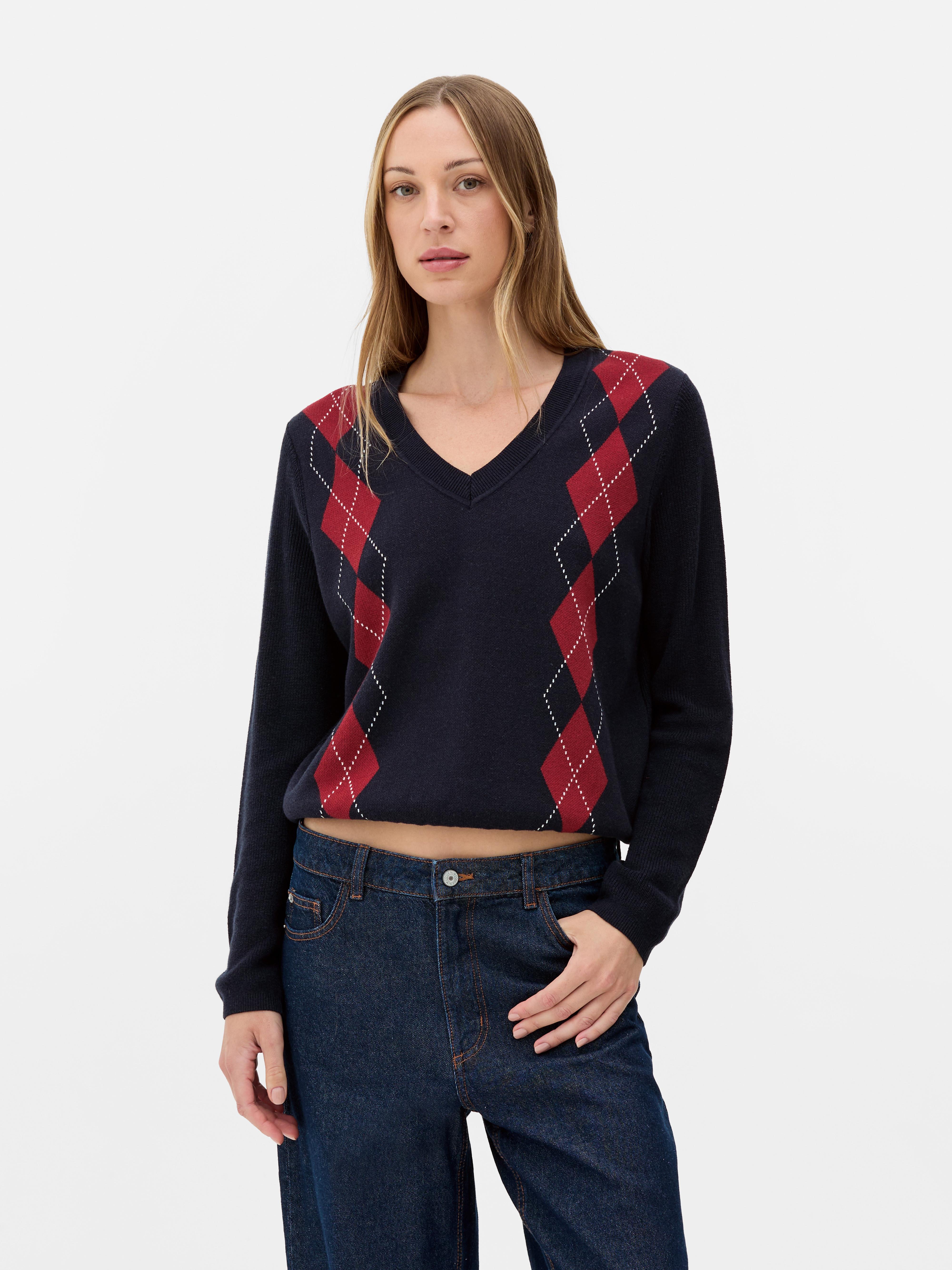 Rita Ora V-Neck Argyle Jumper