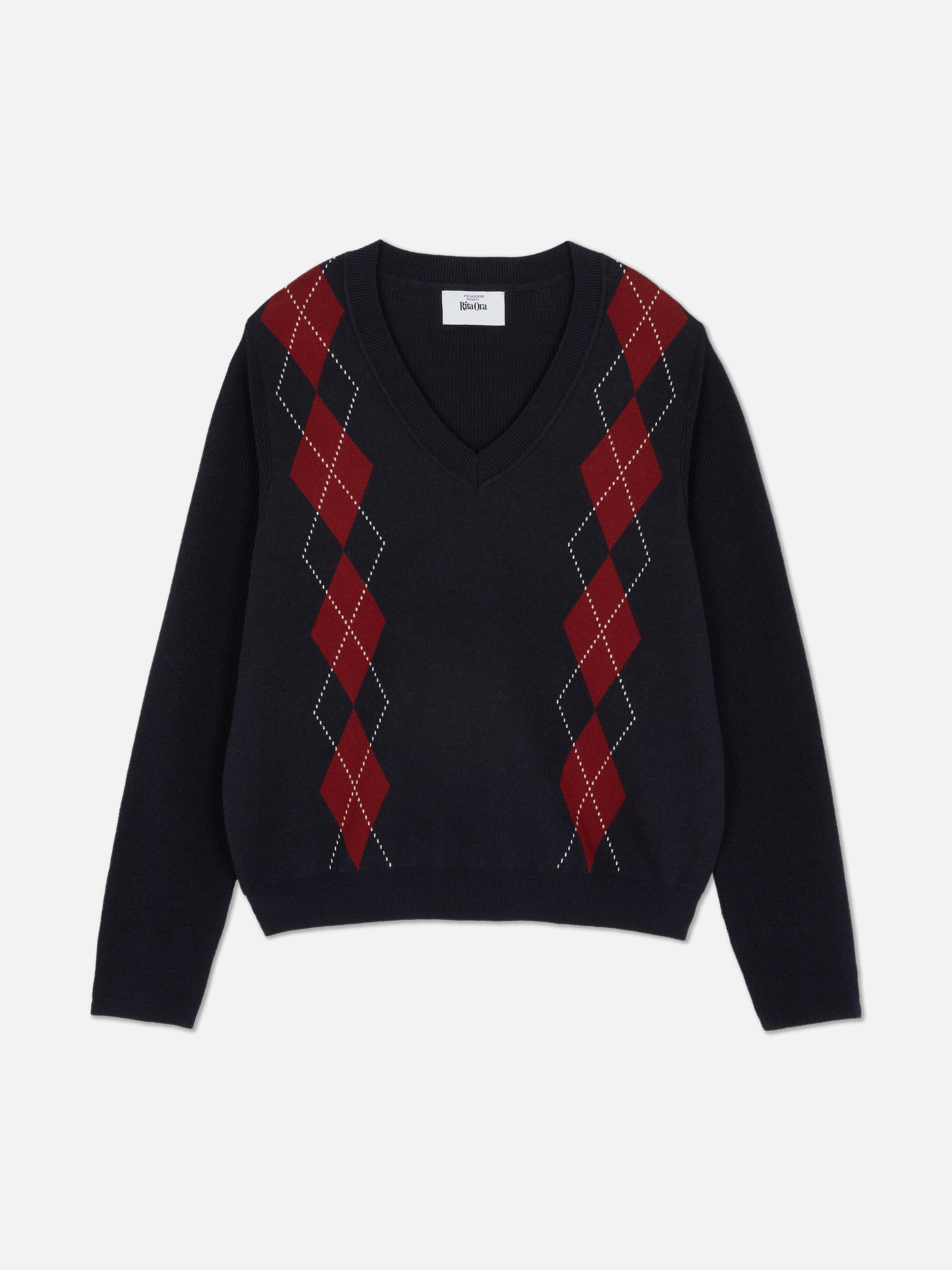 Rita Ora V-Neck Argyle Jumper