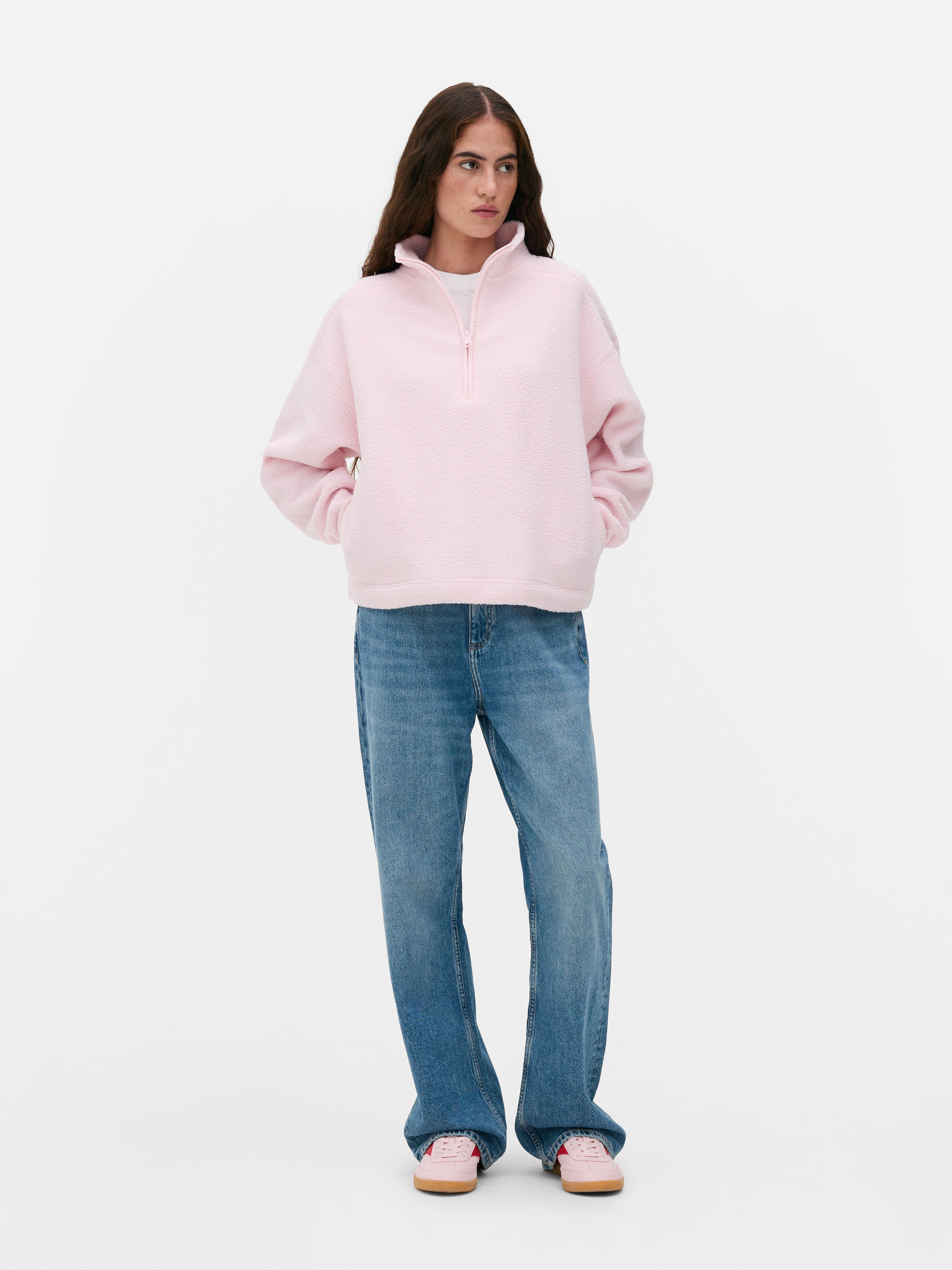 Fleece van borgstof met halve rits Roze