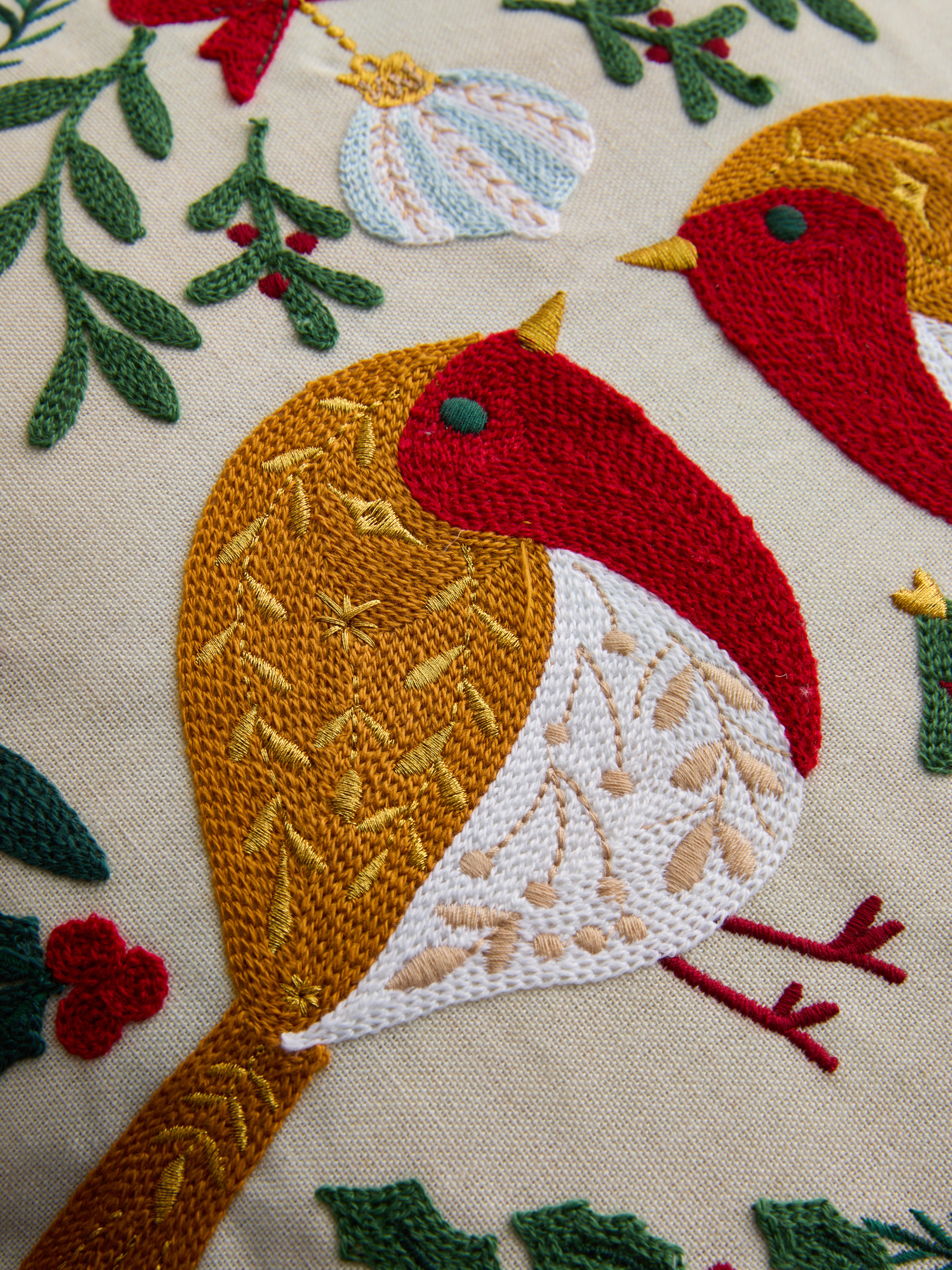 Embroidered Robin Square Cushion