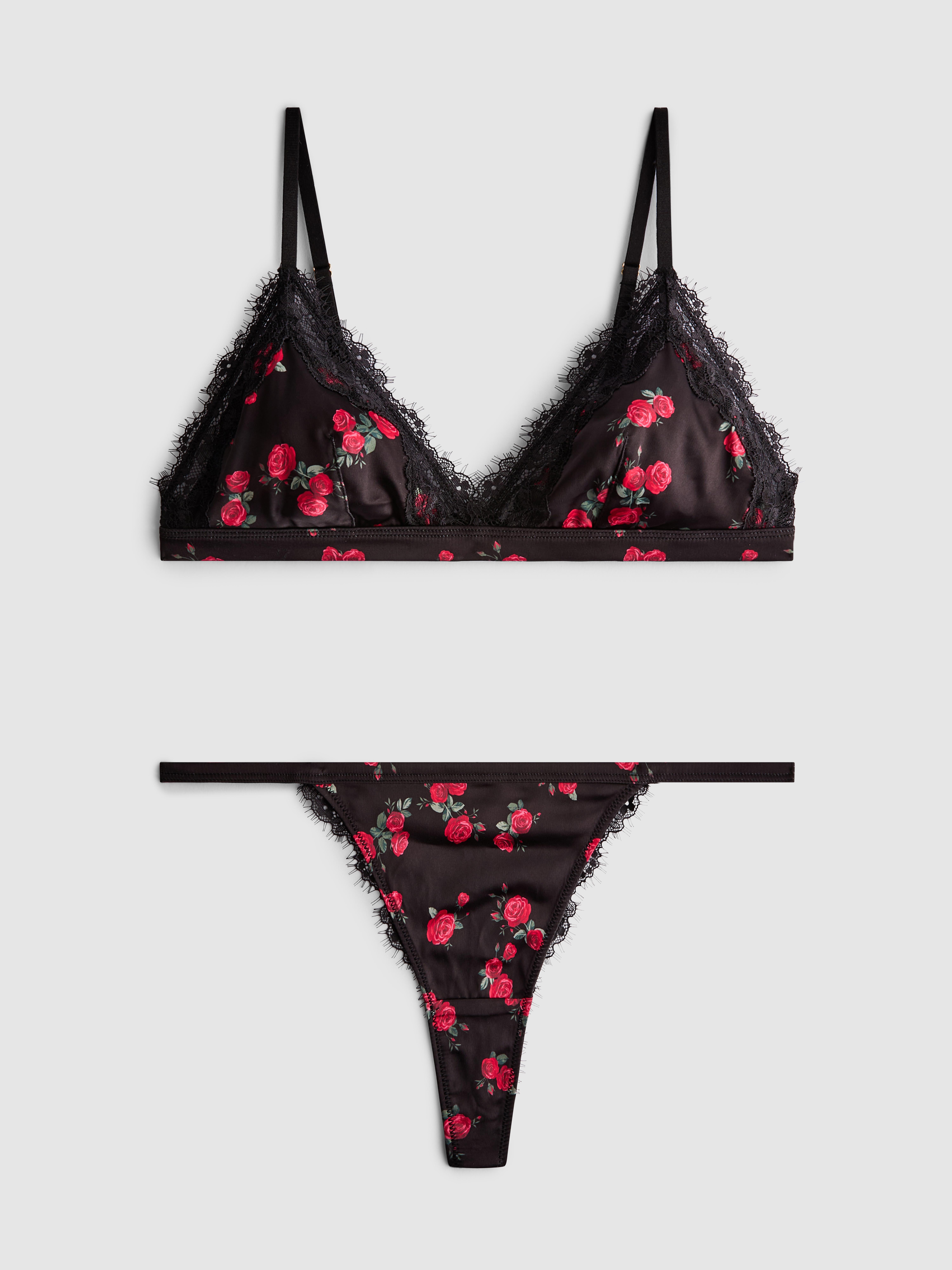 Satin Lace Trim Triangle Bra and Thong Set