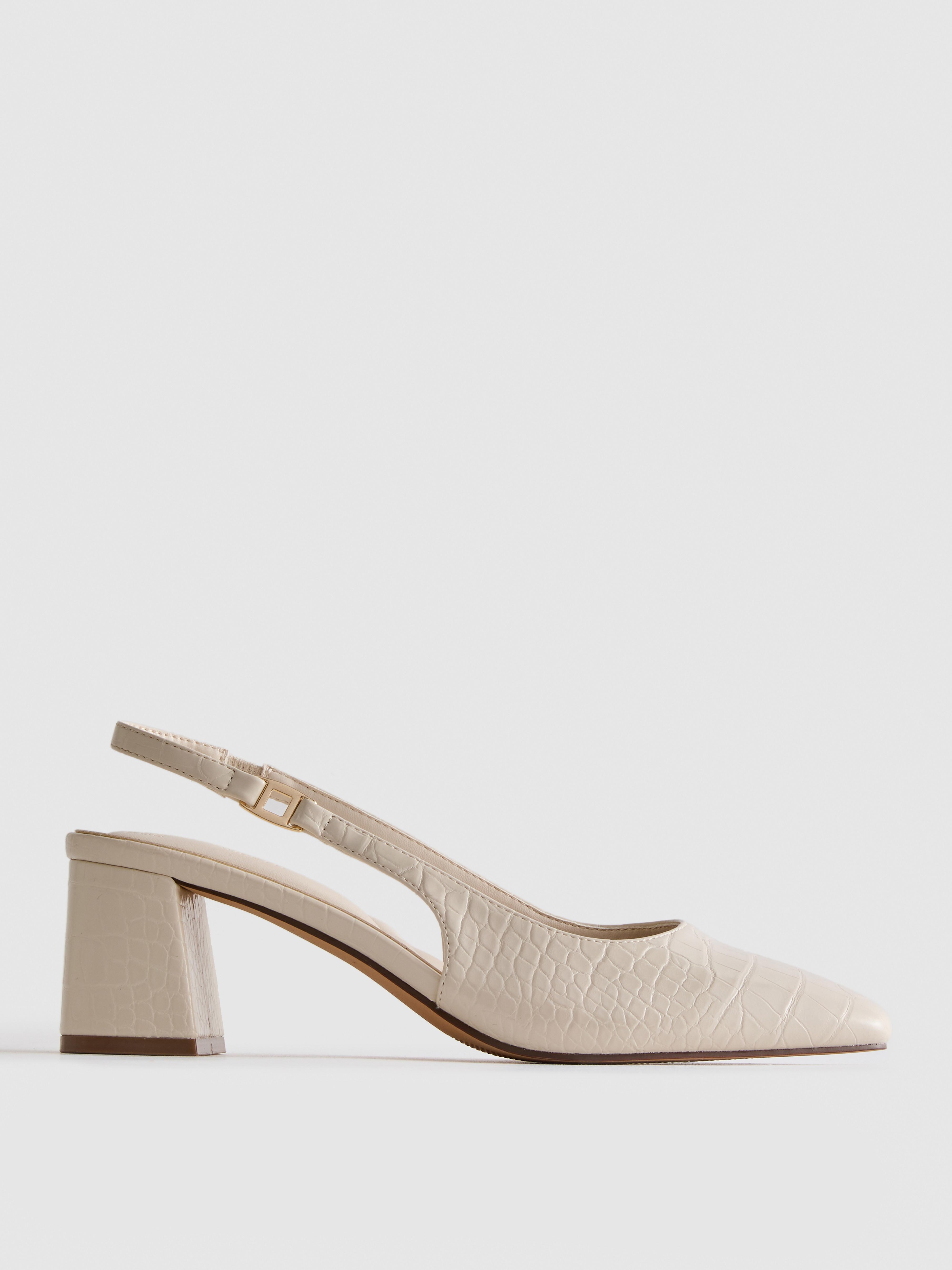 Wide Fit Faux Croc Sling Back Heels Ecru