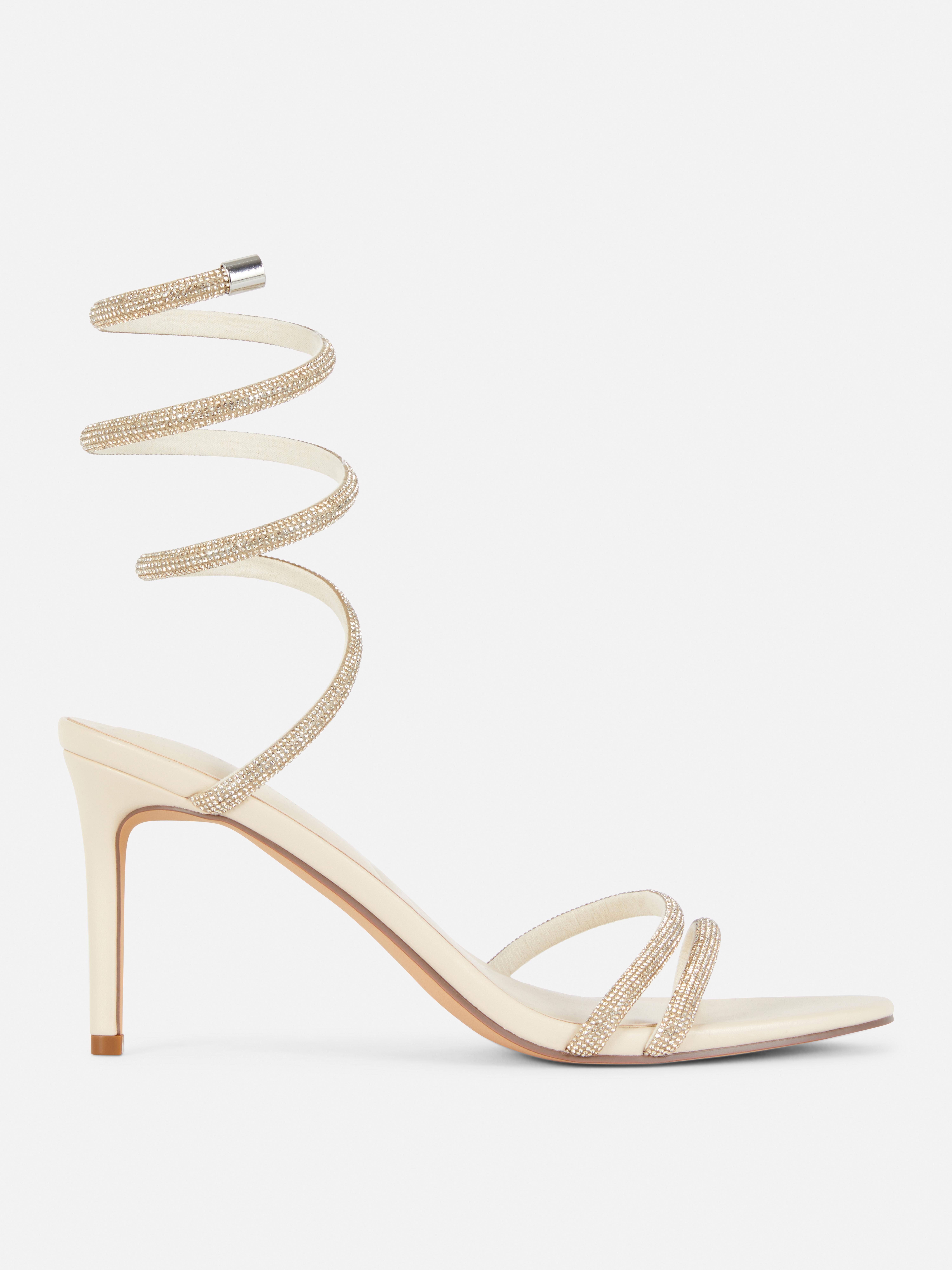 Sandalias de tacón con tira espiral y strass